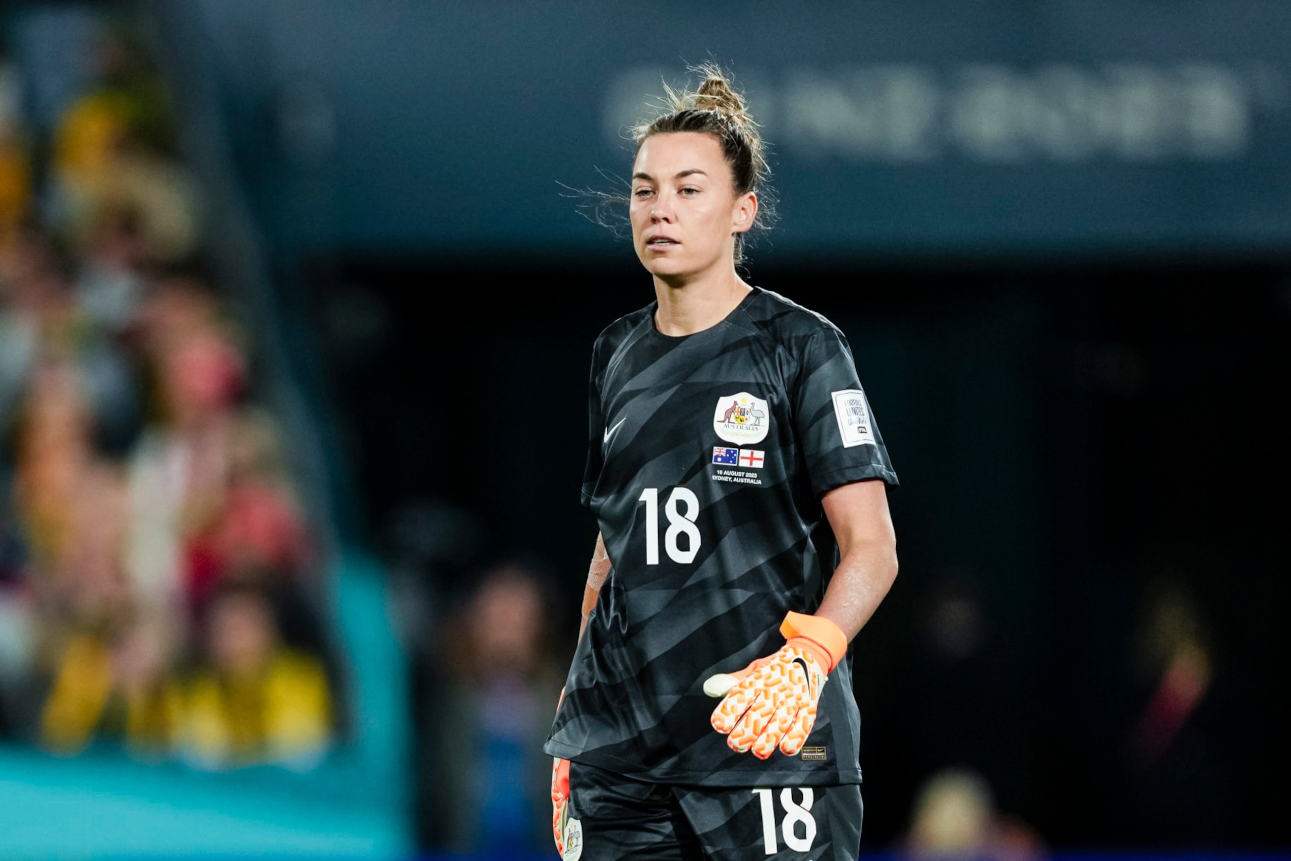 SYDNEY, AUSTRALIA - AUGUST 16: Goalkeeper Mackenzie Arnold of Australia getting into the field during the FIFA Women's World Cup Australia & New Zealand 2023 Semi Final match between Australia and England at Stadium Australia on August 16, 2023 in Sydney, Australia. (Photo by Daniela Porcelli/Eurasia Sport Images/Getty Images)