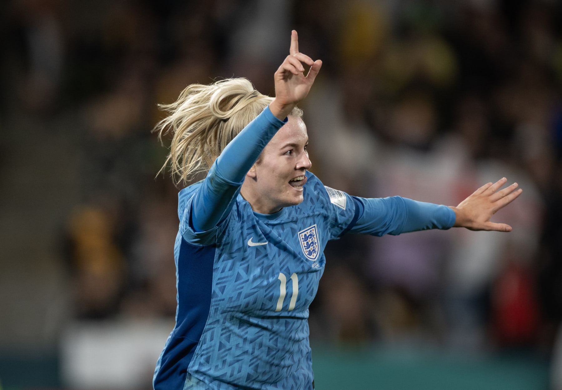 SYDNEY, AUSTRALIA - AUGUST 16: Lauren Hemp of England celebrates scoring her goal during the FIFA Women's World Cup Australia & New Zealand 2023 Semi Final match between Australia and England at Stadium Australia on August 16, 2023 in Sydney, Australia. (Photo by Joe Prior/Visionhaus via Getty Images)