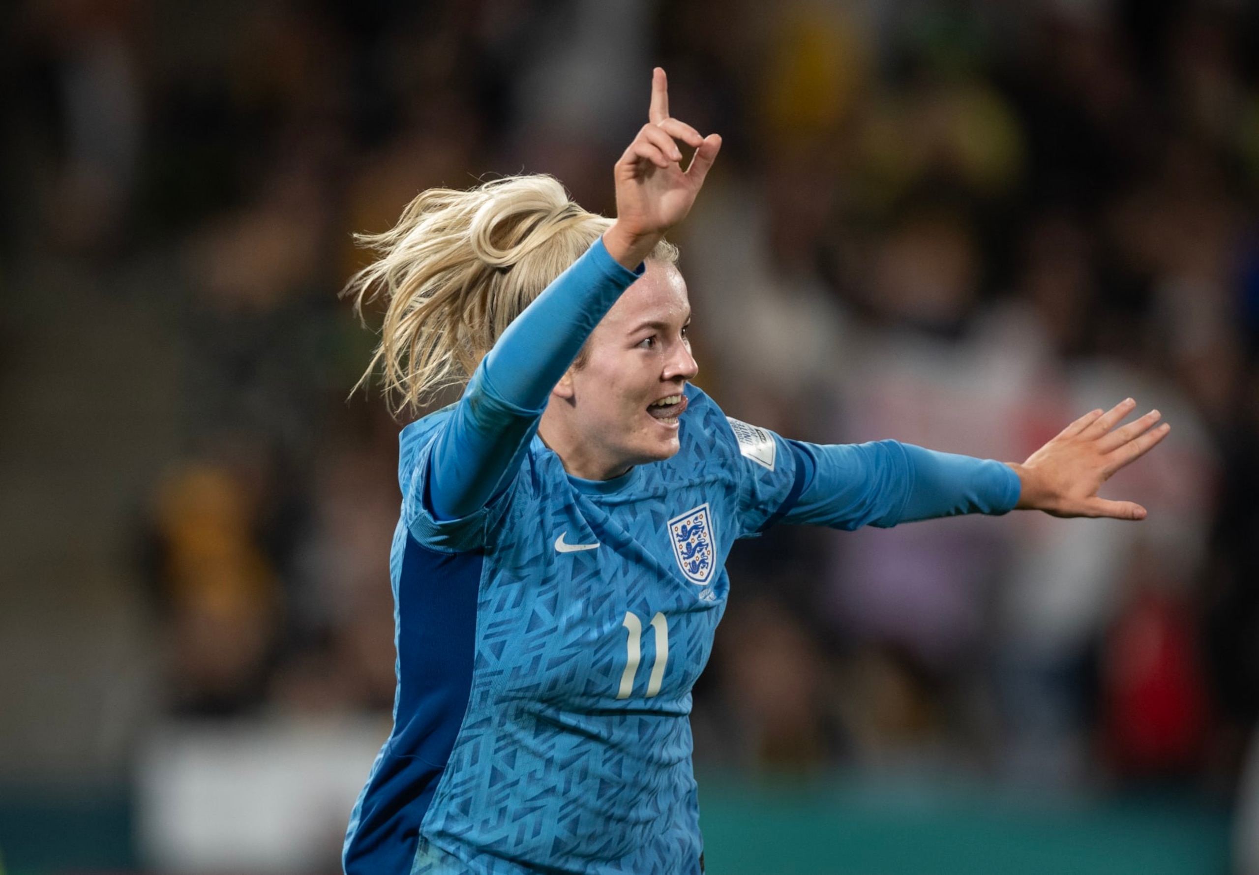 SYDNEY, AUSTRALIA - AUGUST 16: Lauren Hemp of England celebrates scoring her goal during the FIFA Women's World Cup Australia & New Zealand 2023 Semi Final match between Australia and England at Stadium Australia on August 16, 2023 in Sydney, Australia. (Photo by Joe Prior/Visionhaus via Getty Images)