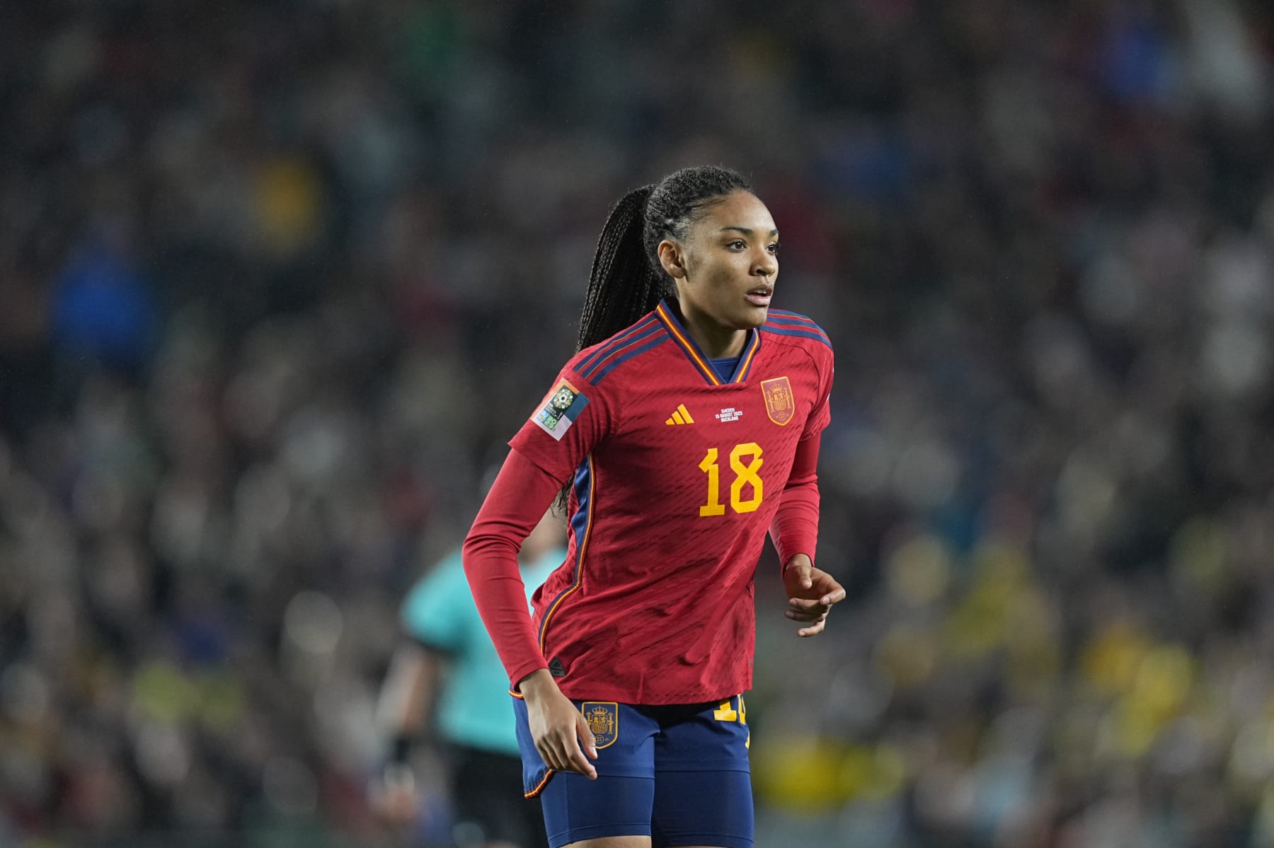 AUCKLAND, NEW ZEALAND - AUGUST 15: Salma Paralluelo of Spain looks on during the FIFA Women's World Cup Australia & New Zealand 2023 Semi Final match between Spain and Sweden at Eden Park on August 15, 2023 in Auckland, New Zealand. (Photo by Ulrik Pedersen/DeFodi Images via Getty Images)