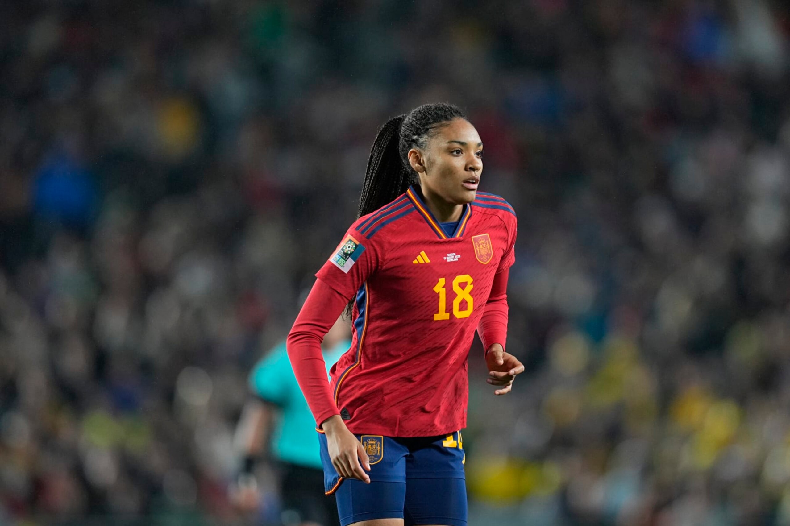 AUCKLAND, NEW ZEALAND - AUGUST 15: Salma Paralluelo of Spain looks on during the FIFA Women's World Cup Australia & New Zealand 2023 Semi Final match between Spain and Sweden at Eden Park on August 15, 2023 in Auckland, New Zealand. (Photo by Ulrik Pedersen/DeFodi Images via Getty Images)