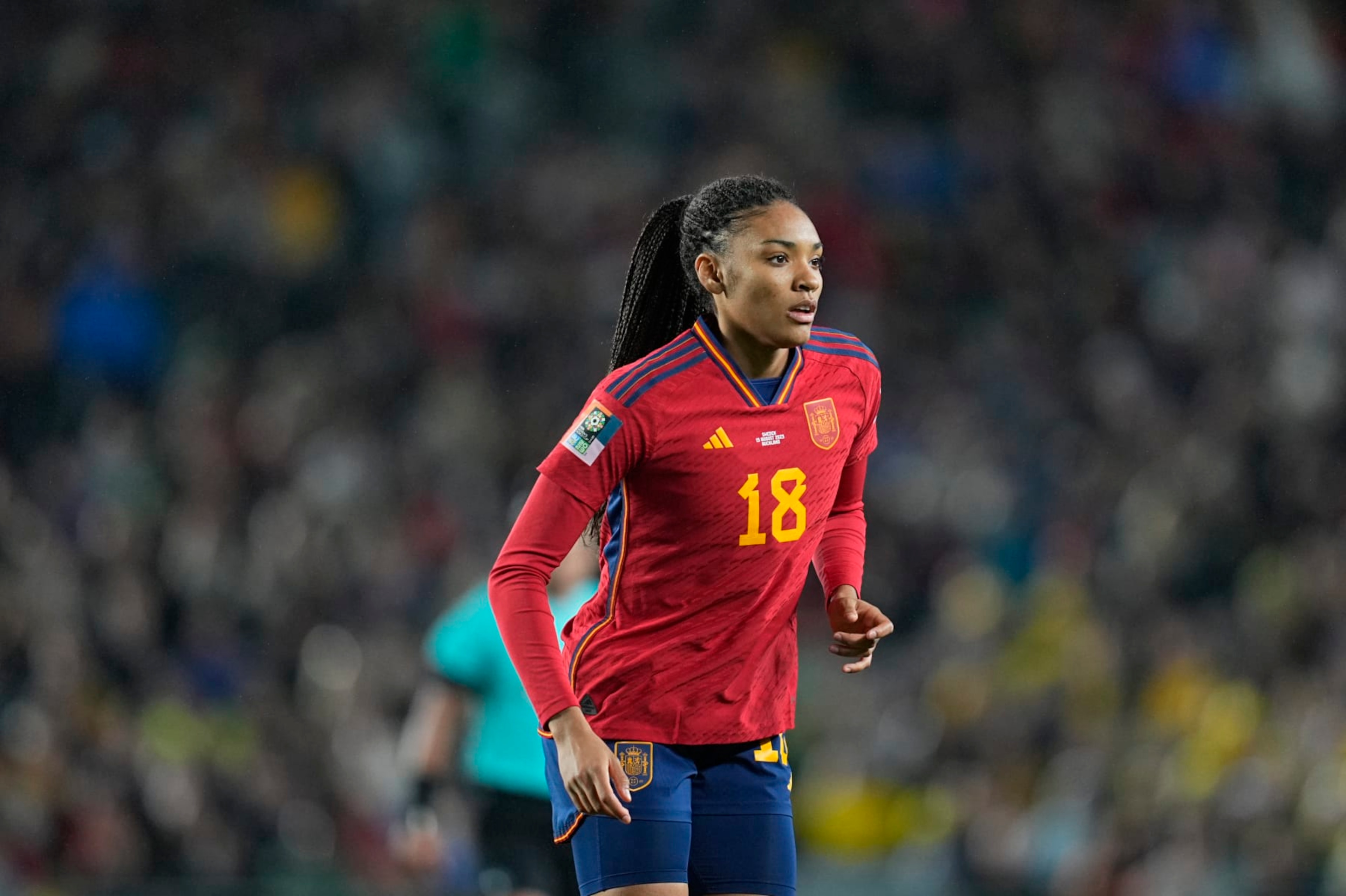 AUCKLAND, NEW ZEALAND - AUGUST 15: Salma Paralluelo of Spain looks on during the FIFA Women's World Cup Australia & New Zealand 2023 Semi Final match between Spain and Sweden at Eden Park on August 15, 2023 in Auckland, New Zealand. (Photo by Ulrik Pedersen/DeFodi Images via Getty Images)