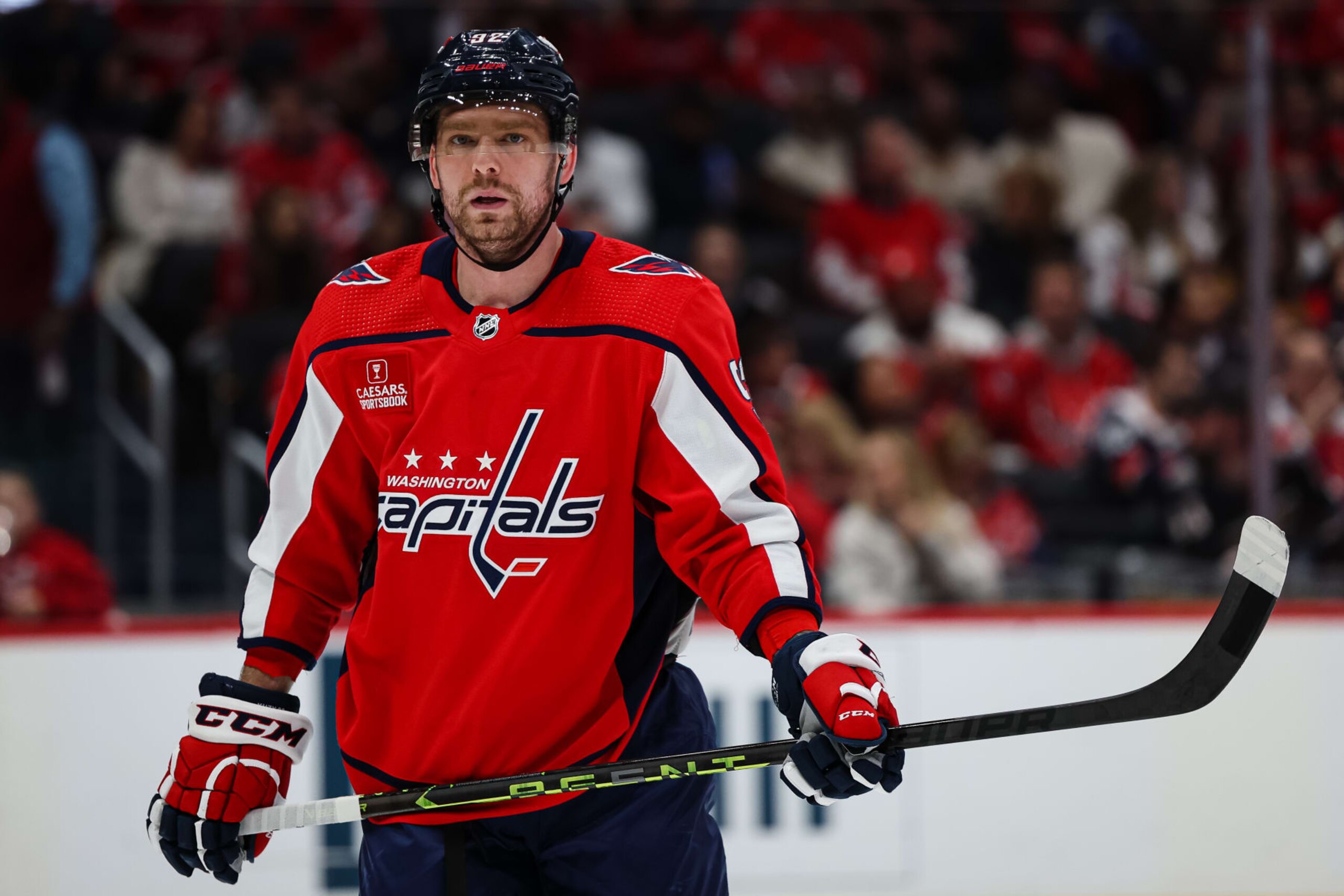WASHINGTON, DC - APRIL 08: Evgeny Kuznetsov #92 of the Washington Capitals looks on against the Florida Panthers during the first period of the game at Capital One Arena on April 8, 2023 in Washington, DC. (Photo by Scott Taetsch/Getty Images)