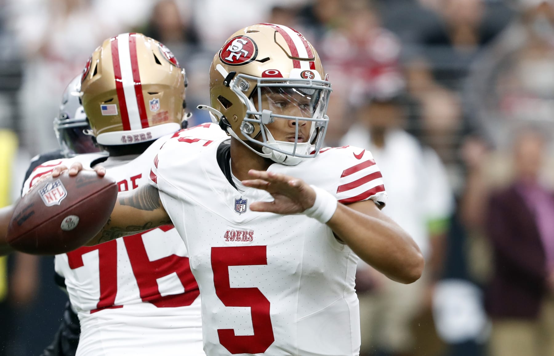 LAS VEGAS, NEVADA - AUGUST 13: Quarterback Trey Lance #5 of the San Francisco 49ers passes during the first quarter of a preseason game against the Las Vegas Raiders at Allegiant Stadium on August 13, 2023 in Las Vegas, Nevada. The Raiders defeated the 49ers 34-7. (Photo by Steve Marcus/Getty Images)