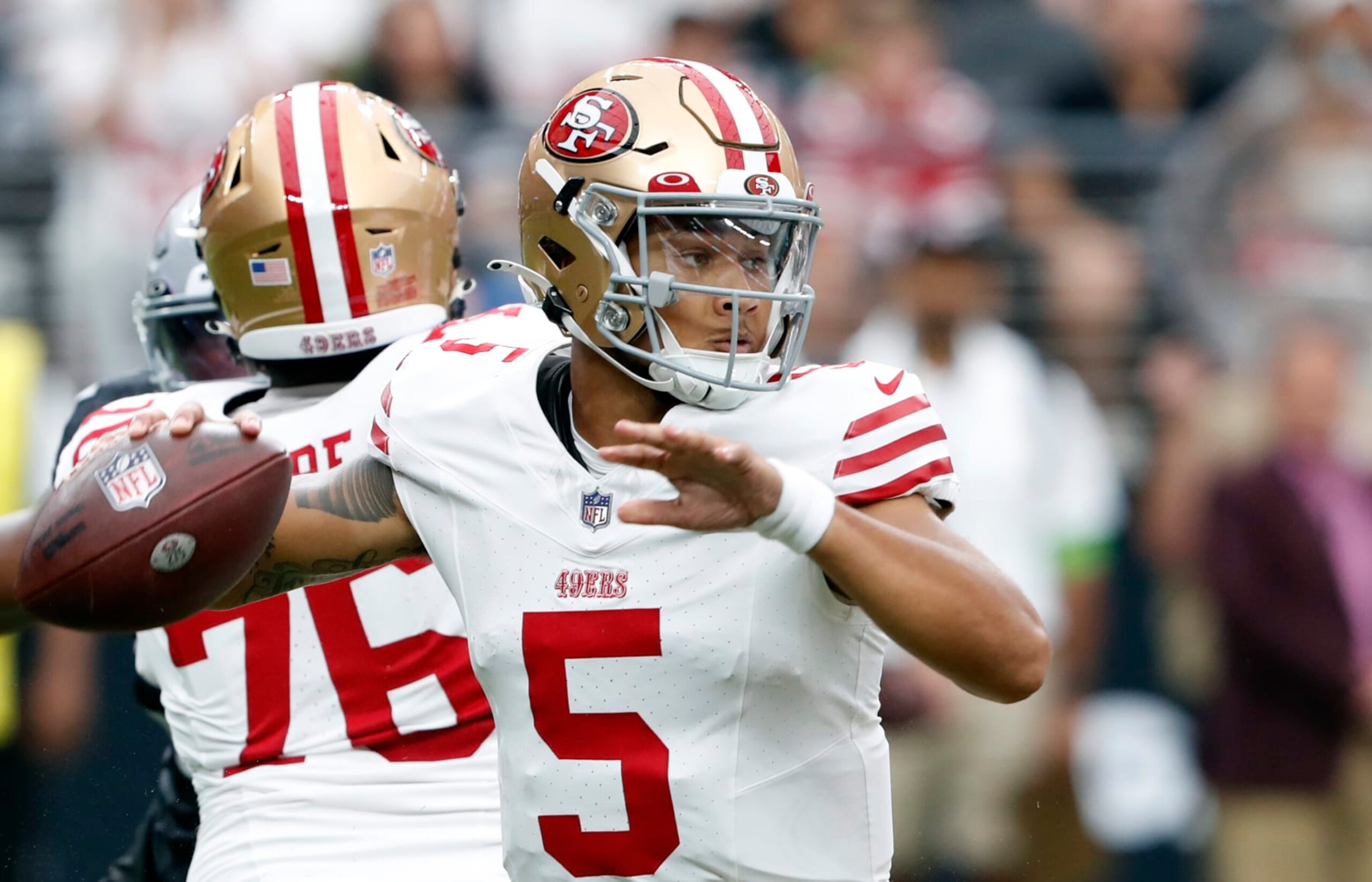 LAS VEGAS, NEVADA - AUGUST 13: Quarterback Trey Lance #5 of the San Francisco 49ers passes during the first quarter of a preseason game against the Las Vegas Raiders at Allegiant Stadium on August 13, 2023 in Las Vegas, Nevada. The Raiders defeated the 49ers 34-7. (Photo by Steve Marcus/Getty Images)