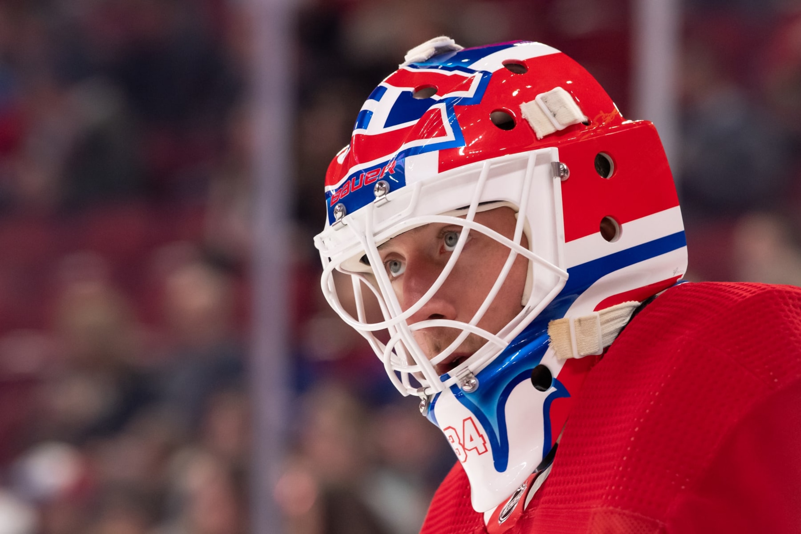 MONTREAL, CANADA - MARCH 30: Jake Allen #34 of the Montreal Canadiens warms up prior to the NHL game against the Florida Panthers at the Centre Bell on March 30, 2023 in Montreal, Quebec, Canada. (Photo by Francois Lacasse/NHLI via Getty Images)