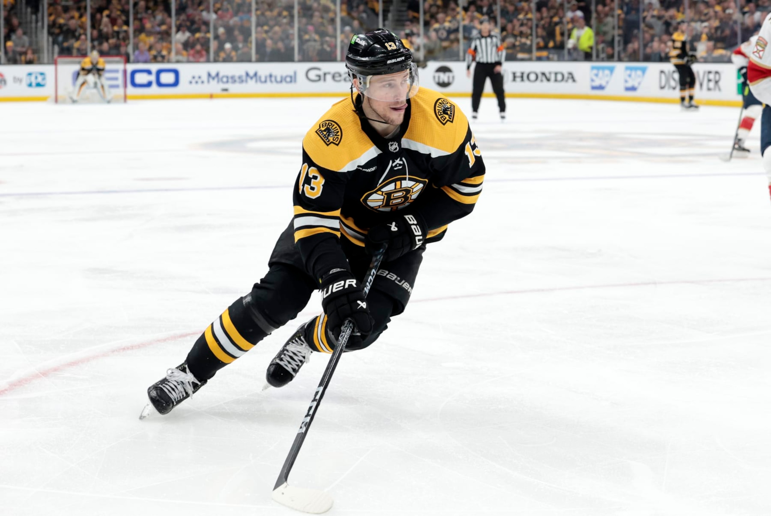 BOSTON, MA - APRIL 30: Boston Bruins center Charlie Coyle (13) looks to goal during Game 7 of an Eastern Conference First Round playoff contest between the Boston Bruins and the Florida Panthers on April 30, 2023, at TD Garden in Boston, Massachusetts.(Photo by Fred Kfoury III/Icon Sportswire via Getty Images)
