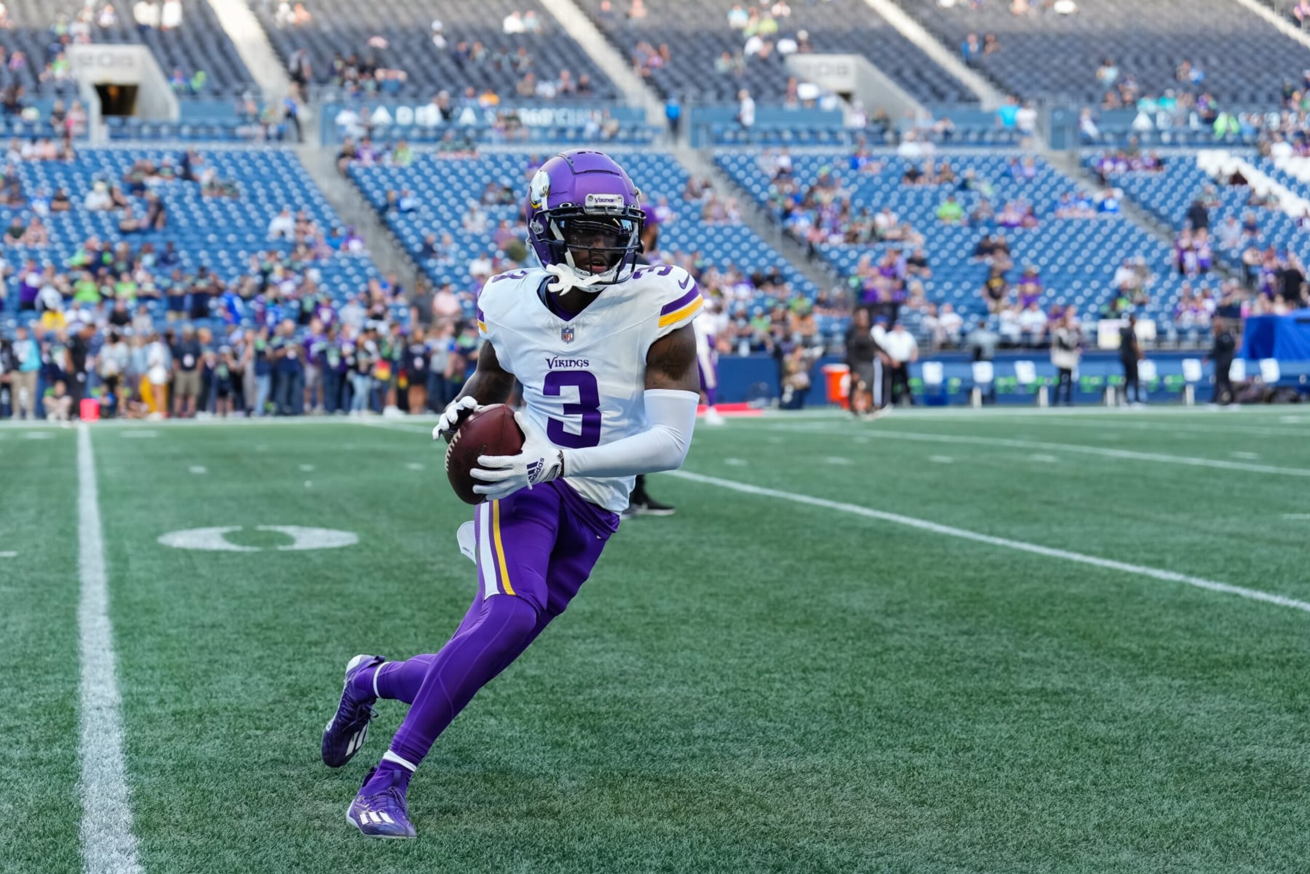 SEATTLE, WASHINGTON - AUGUST 10: Wide receiver Jordan Addison #3 of the Minnesota Vikings warms up before a preseason game against the Seattle Seahawks at Lumen Field on August 10, 2023 in Seattle, Washington. (Photo by Christopher Mast/Getty Images) SEATTLE, WASHINGTON - AUGUST 10: Wide receiver Jordan Addison #3 of the Minnesota Vikings warms up before a preseason game against the Seattle Seahawks at Lumen Field on August 10, 2023 in Seattle, Washington. (Photo by Christopher Mast/Getty Images)