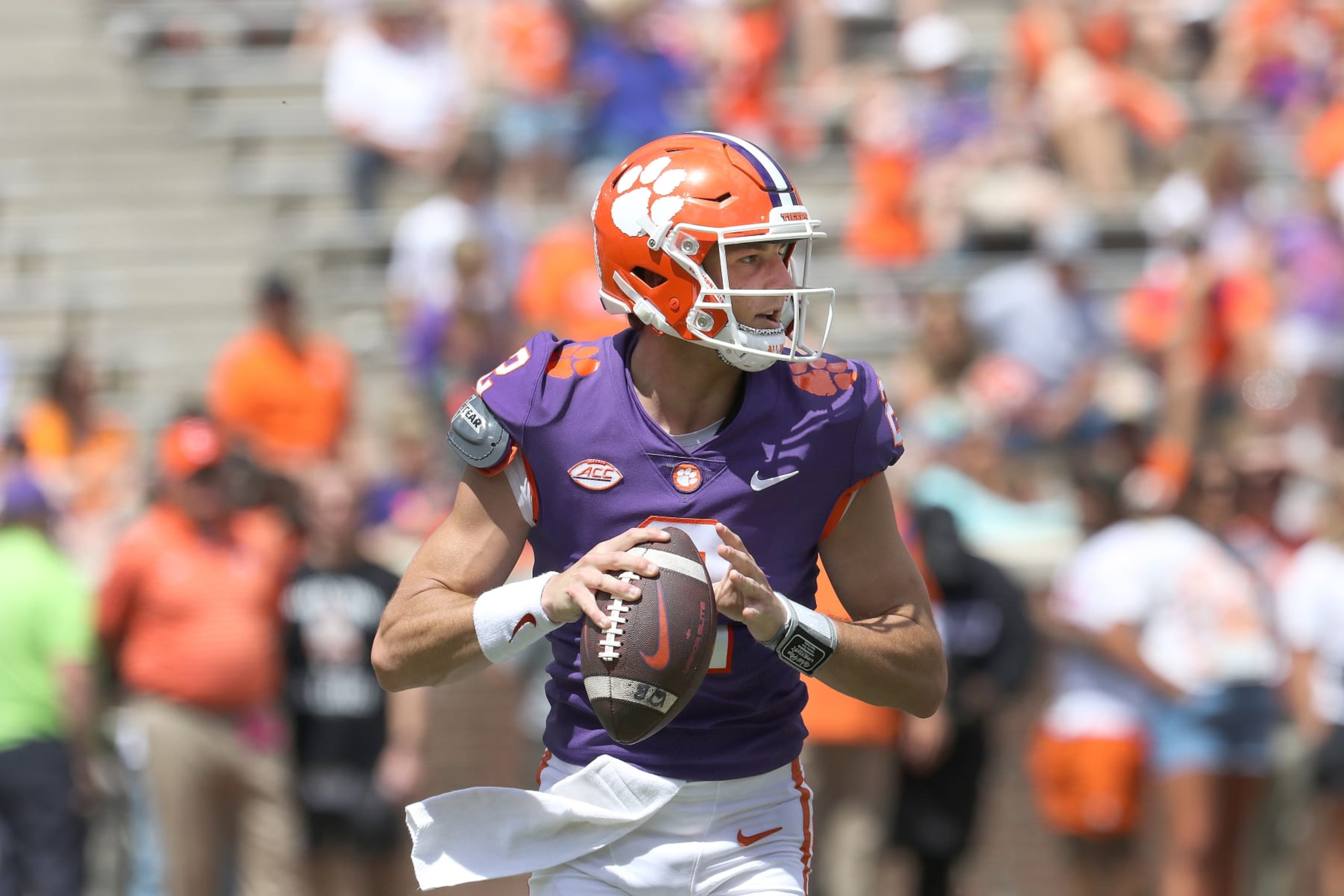 CLEMSON, SC - APRIL 15: Clemson Tigers quarterback Cade Klubnik (2) during the Clemson Tigers Orange and White annual inner squad college football game played on April 15, 2023 at Clemson Memorial Stadium in Clemson, S.C.   (Photo by John Byrum/Icon Sportswire via Getty Images)