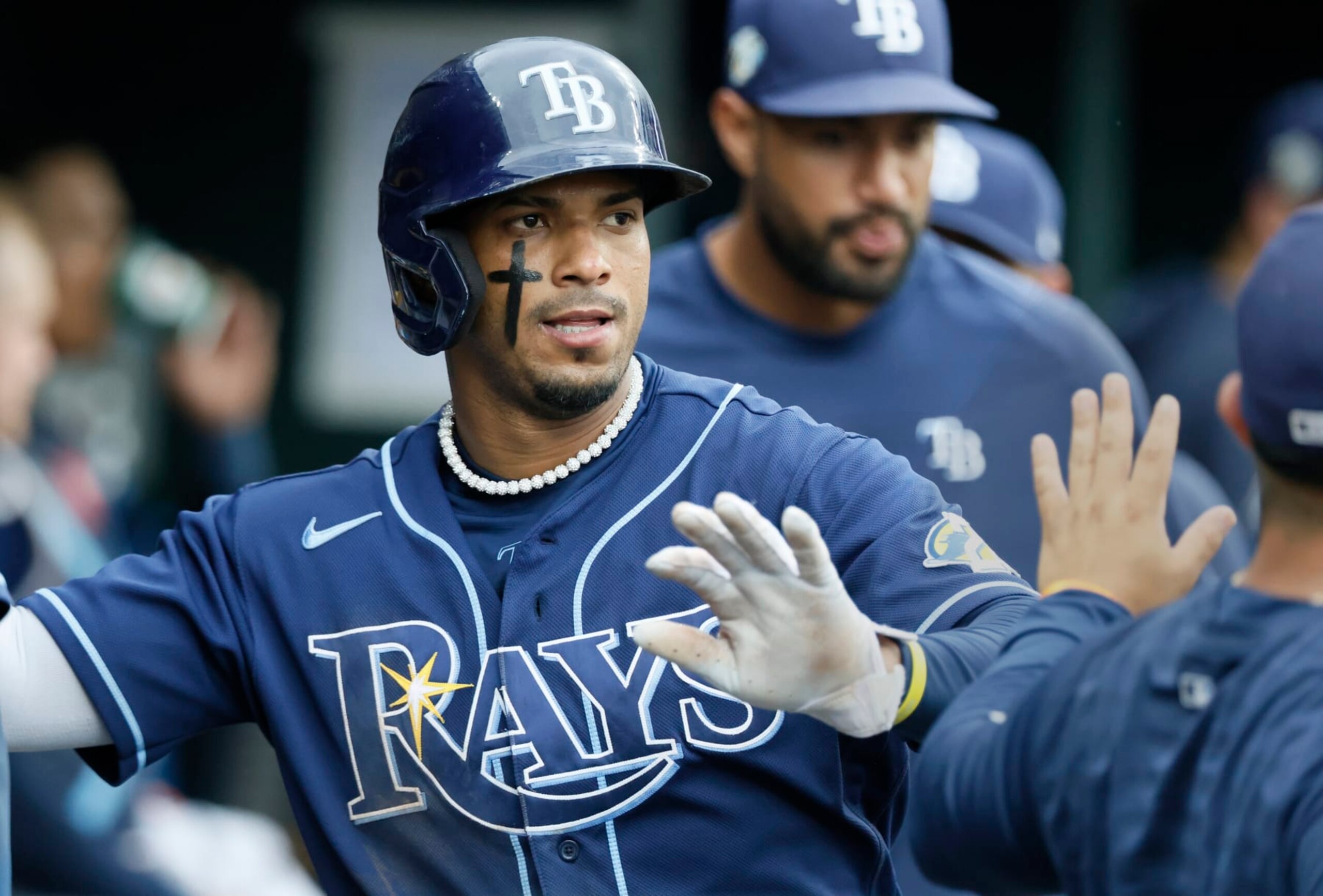 DETROIT, MI -  AUGUST 6:  Wander Franco #5 of the Tampa Bay Rays celebrates after scoring against the Detroit Tigers during the sixth inning at Comerica Park on August 6, 2023 in Detroit, Michigan. (Photo by Duane Burleson/Getty Images)