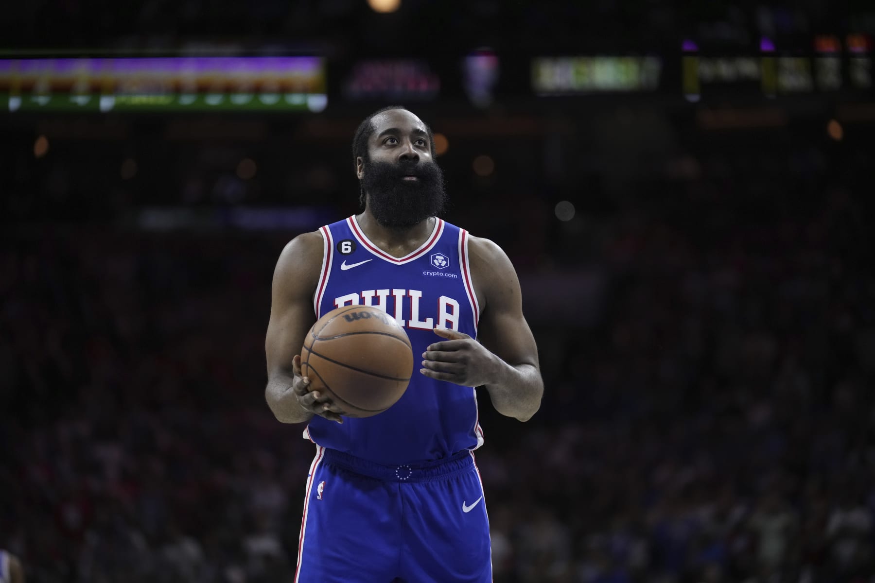 Philadelphia 76ers' James Harden (1) plays during the second half of Game 6 of an NBA basketball playoffs Eastern Conference semifinal, Thursday, May 11, 2023, in Philadelphia. (AP Photo/Matt Slocum)