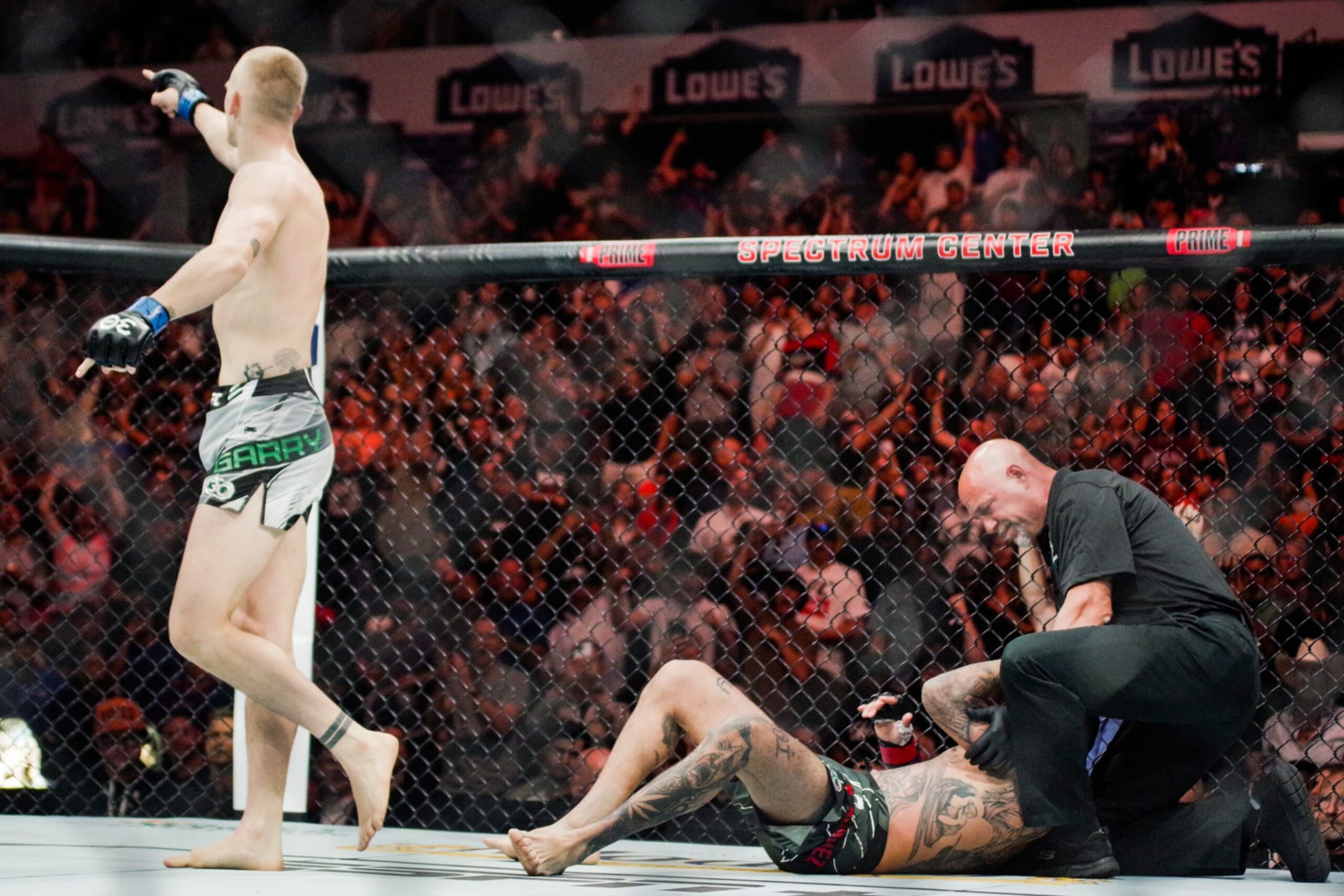 CHARLOTTE, NC - MAY 13: (L-R) Ian Machado Garry celebrates his ko victory over Daniel Rodriguez punch at UFC Fight Night: Rozenstruik vs Almeida on May 13th, 2023 at Spectrum Center in Charlotte, NC. (Photo by Matt Davies/PxImages/Icon Sportswire via Getty Images)
