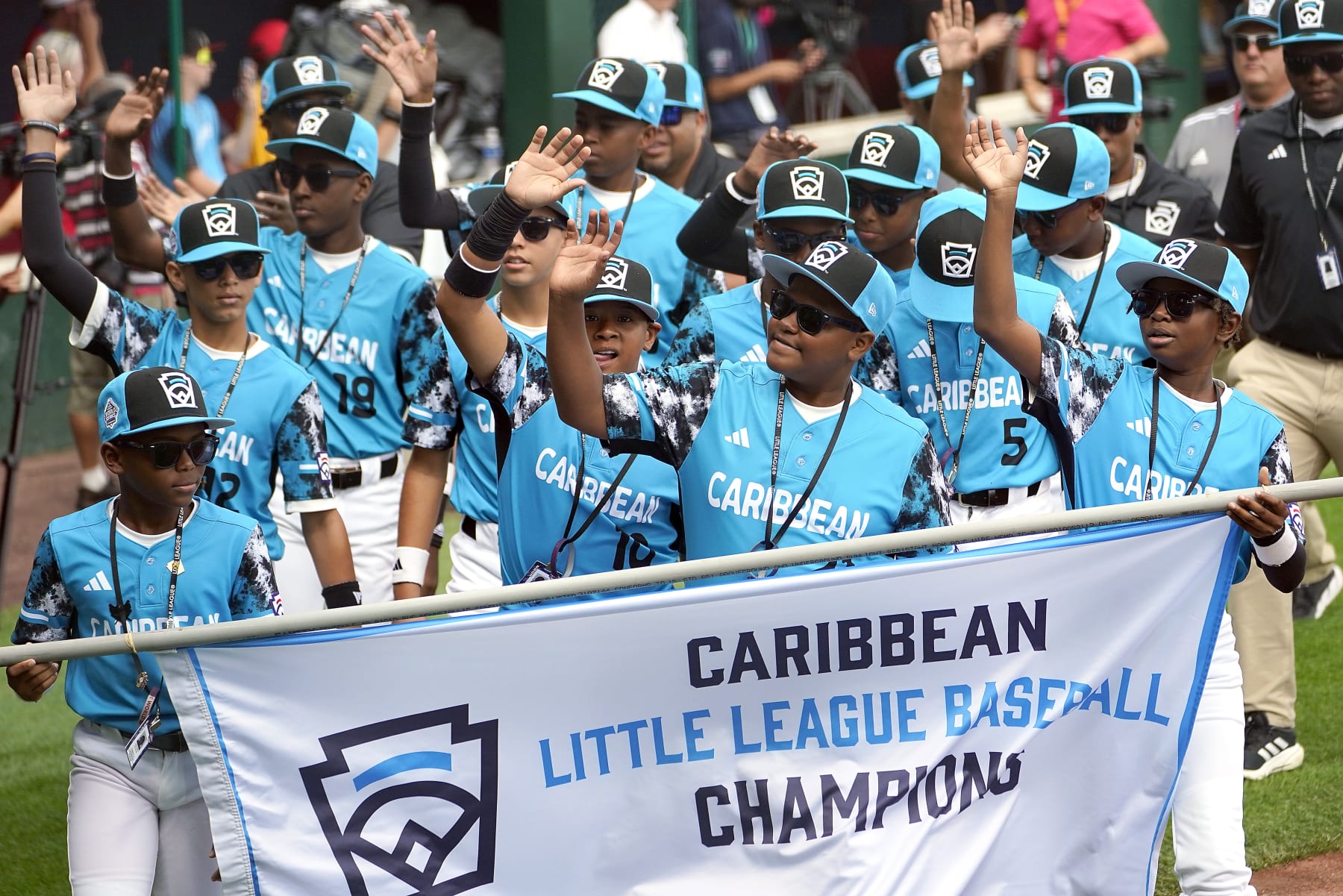 The Caribbean Region champion Little League team from Willemstad, Curacao, participates in the opening ceremony of the 2023 Little League World Series tournament in South Williamsport, Pa., Wednesday, Aug. 16, 2023. (AP Photo/Tom E. Puskar)