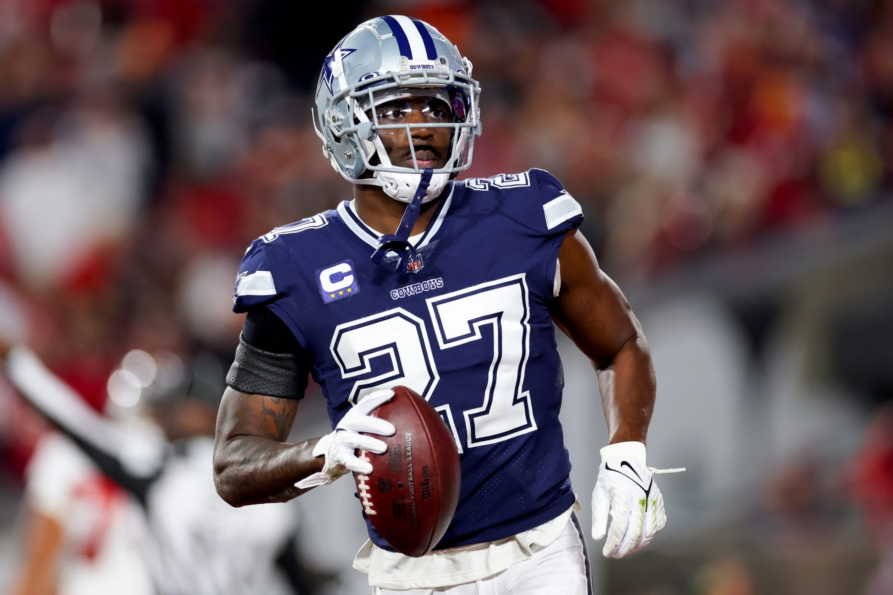 TAMPA, FLORIDA - JANUARY 16: Jayron Kearse #27 of the Dallas Cowboys celebrates after intercepting a pass against the Tampa Bay Buccaneers during the second quarter in the NFC Wild Card playoff game at Raymond James Stadium on January 16, 2023 in Tampa, Florida. (Photo by Mike Ehrmann/Getty Images)