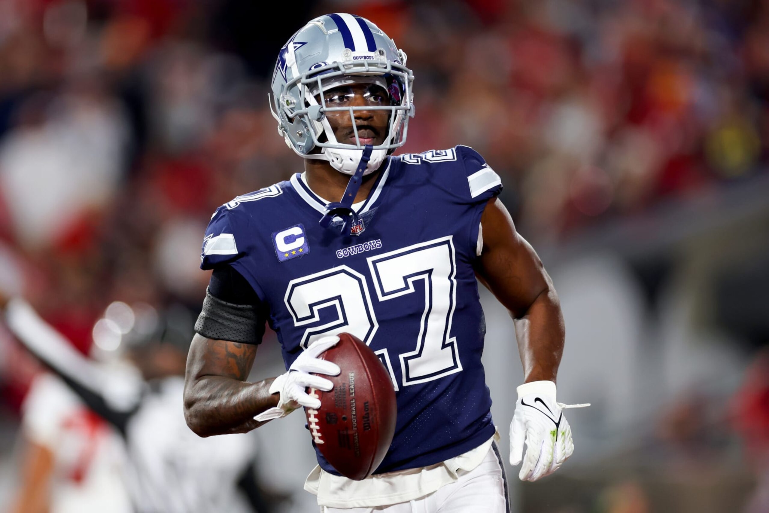 TAMPA, FLORIDA - JANUARY 16: Jayron Kearse #27 of the Dallas Cowboys celebrates after intercepting a pass against the Tampa Bay Buccaneers during the second quarter in the NFC Wild Card playoff game at Raymond James Stadium on January 16, 2023 in Tampa, Florida. (Photo by Mike Ehrmann/Getty Images)