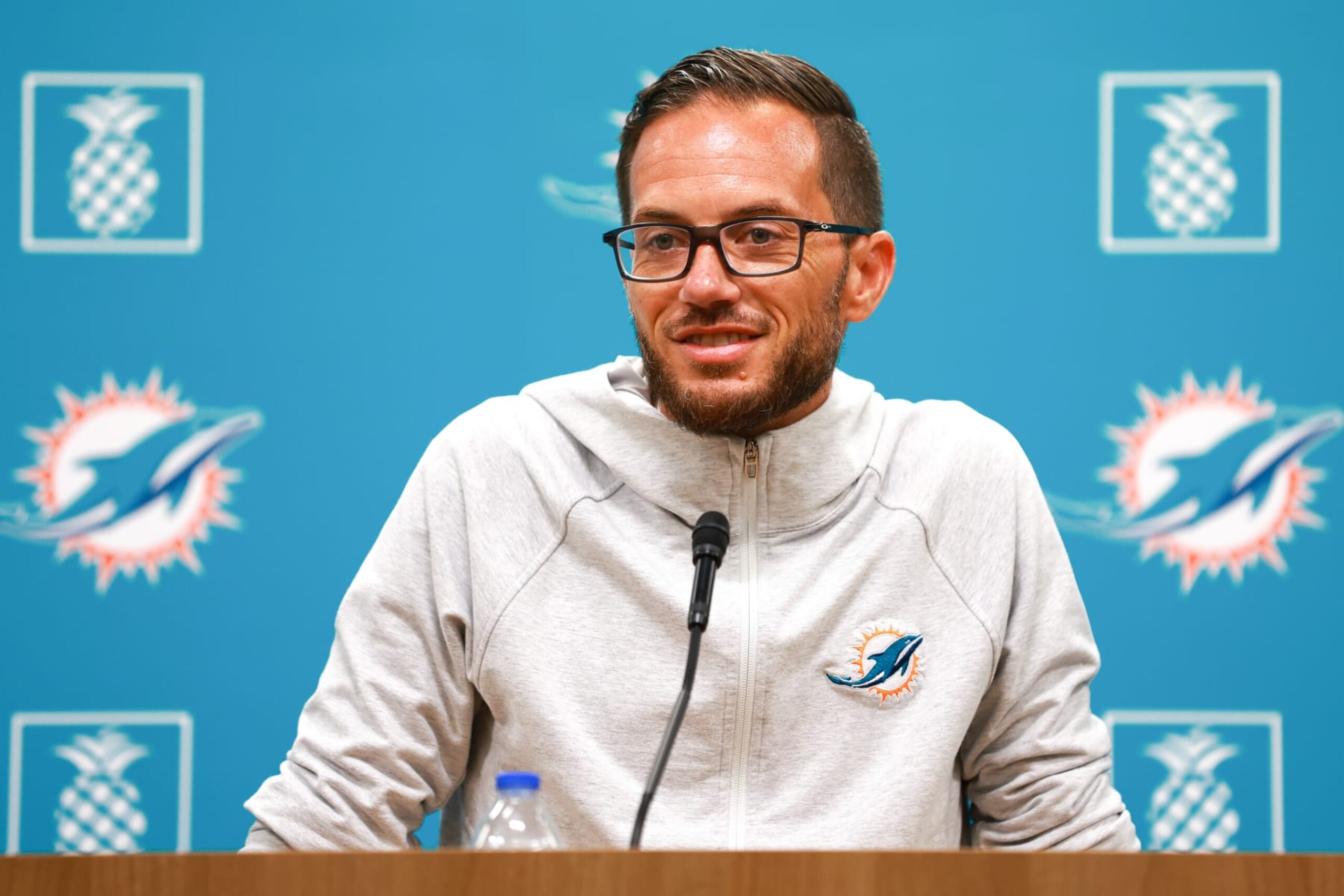 MIAMI GARDENS, FLORIDA - AUGUST 09: Head coach Mike McDaniel of the Miami Dolphins speaks to the media prior to training camp practice with the Atlanta Falcons at Baptist Health Training Complex on August 09, 2023 in Miami Gardens, Florida. (Photo by Megan Briggs/Getty Images)