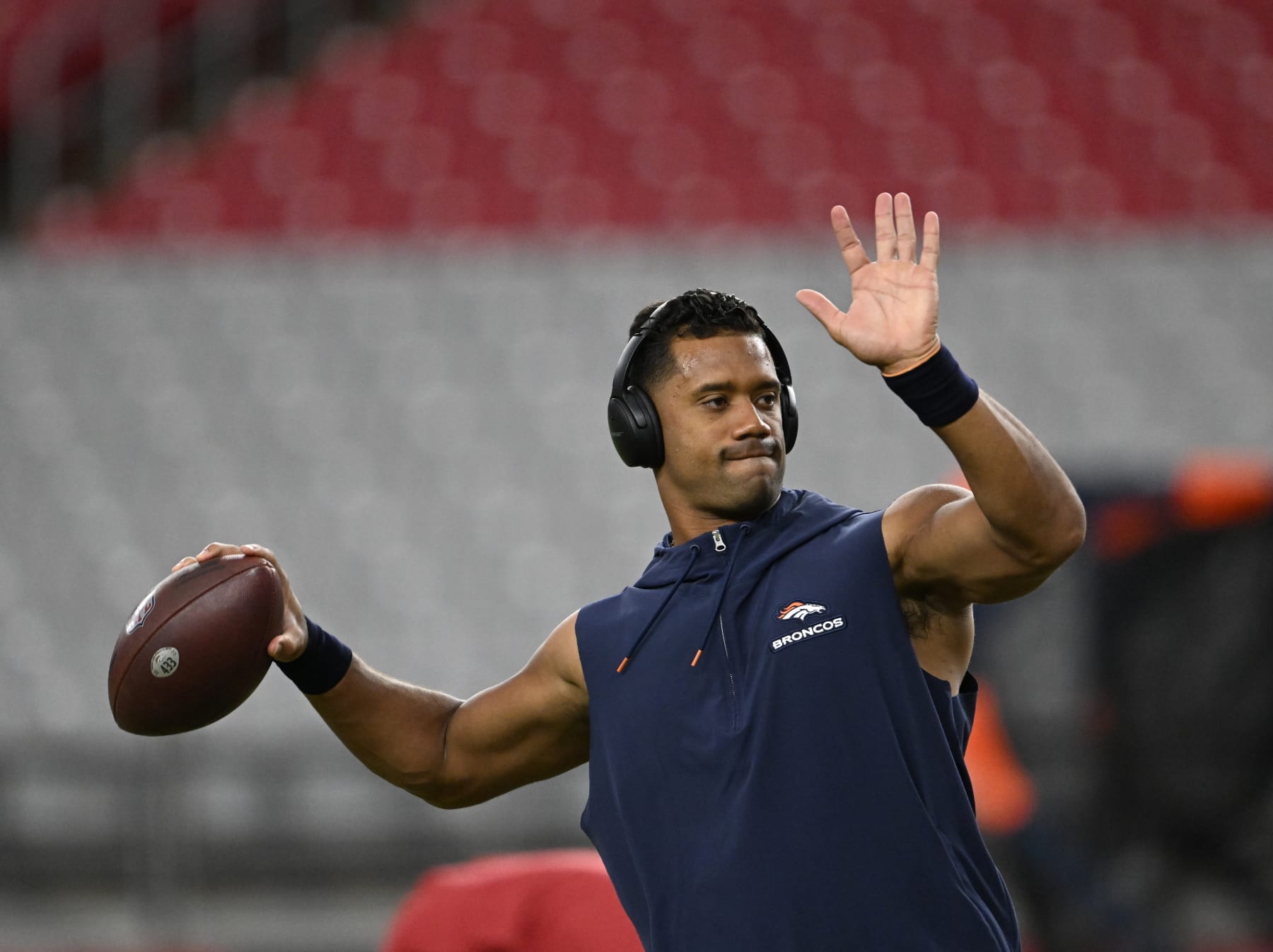 GLENDALE, ARIZONA - AUGUST 11: Denver Broncos quarterback Russell Wilson (3) warms up for the Broncos first preseason game at State Farm Stadium on August 11, 2023 in Glendale, Arizona. The Arizona Cardinals hosted the Denver Broncos for their first NFL preseason game of the 2023 season. (Photo by RJ Sangosti/MediaNews Group/The Denver Post via Getty Images)