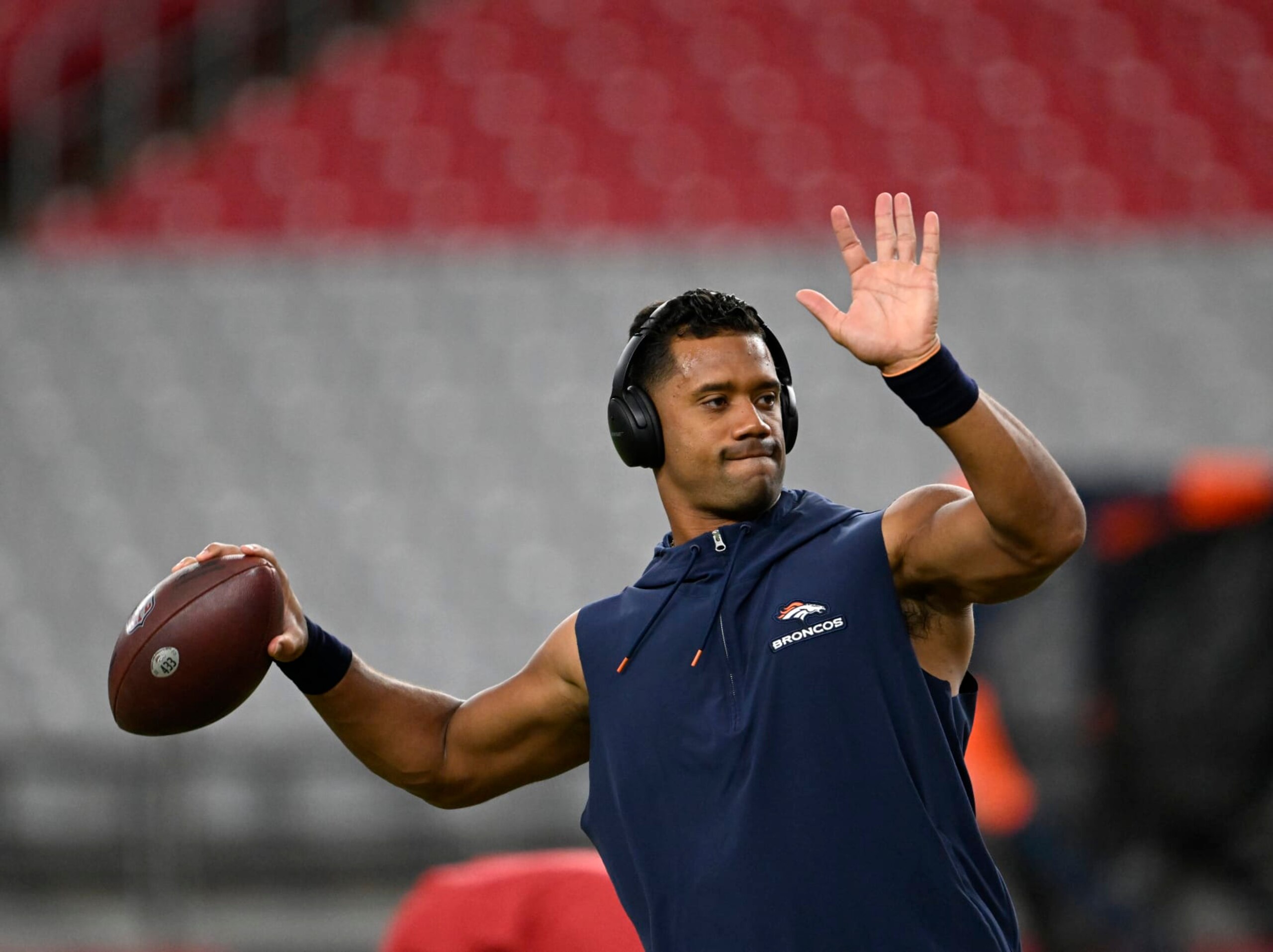 GLENDALE, ARIZONA - AUGUST 11: Denver Broncos quarterback Russell Wilson (3) warms up for the Broncos first preseason game at State Farm Stadium on August 11, 2023 in Glendale, Arizona. The Arizona Cardinals hosted the Denver Broncos for their first NFL preseason game of the 2023 season. (Photo by RJ Sangosti/MediaNews Group/The Denver Post via Getty Images)
