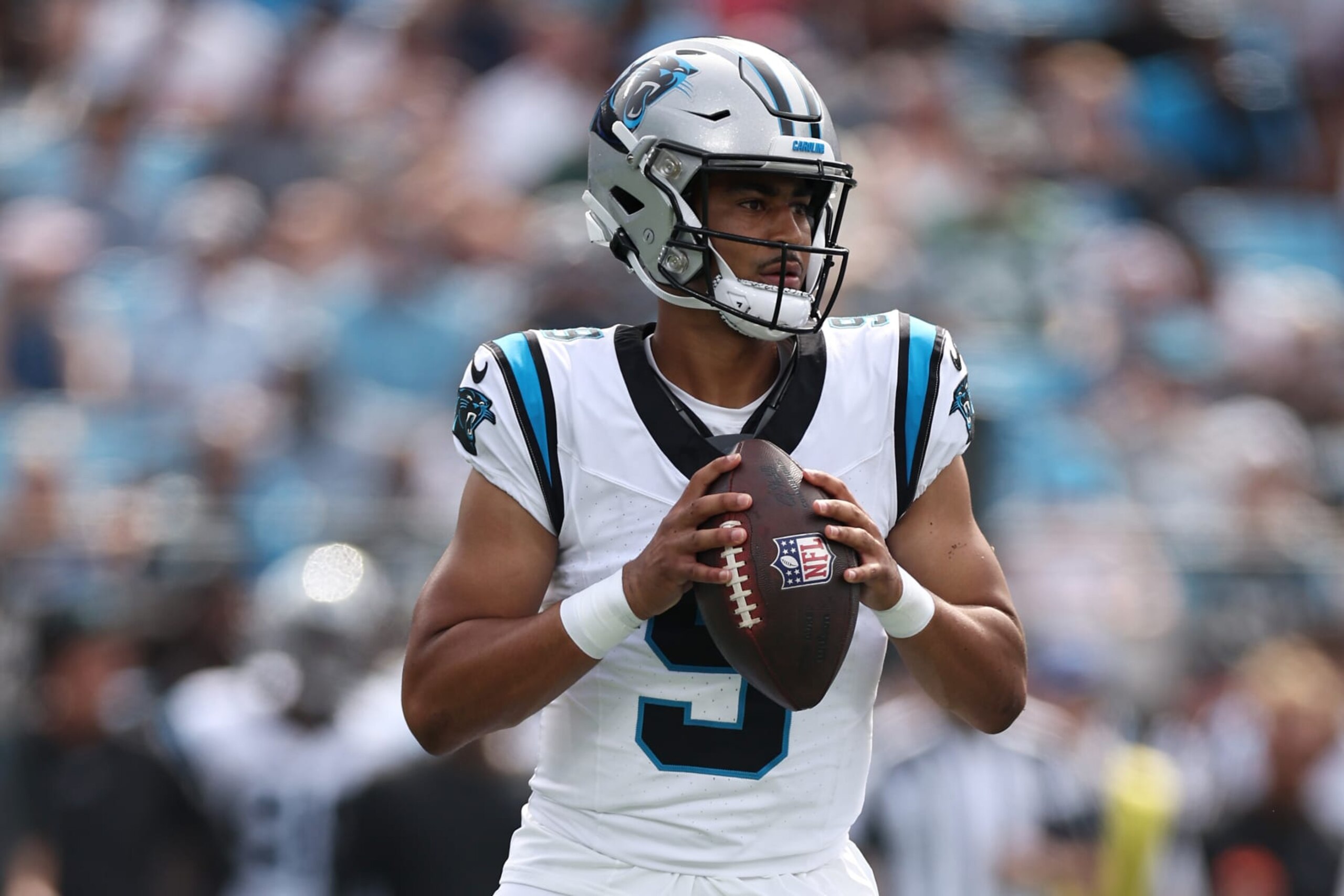 CHARLOTTE, NORTH CAROLINA - AUGUST 12: Bryce Young #9 of the Carolina Panthers drops to pass during the first quarter of a preseason game against the New York Jets at Bank of America Stadium on August 12, 2023 in Charlotte, North Carolina. (Photo by Jared C. Tilton/Getty Images)