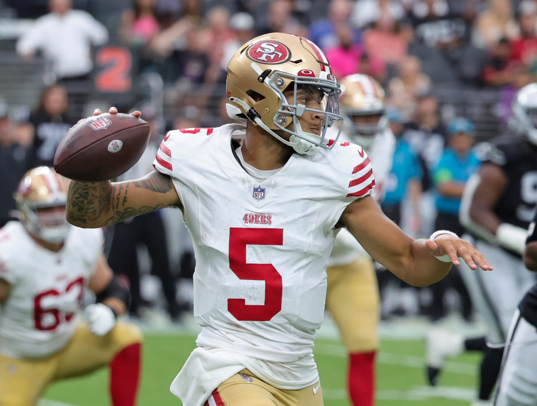 LAS VEGAS, NEVADA - AUGUST 13: Quarterback Trey Lance #5 of the San Francisco 49ers throws against the Las Vegas Raiders in the second quarter of a preseason game at Allegiant Stadium on August 13, 2023 in Las Vegas, Nevada. The Raiders defeated the 49ers 34-7.  (Photo by Ethan Miller/Getty Images)