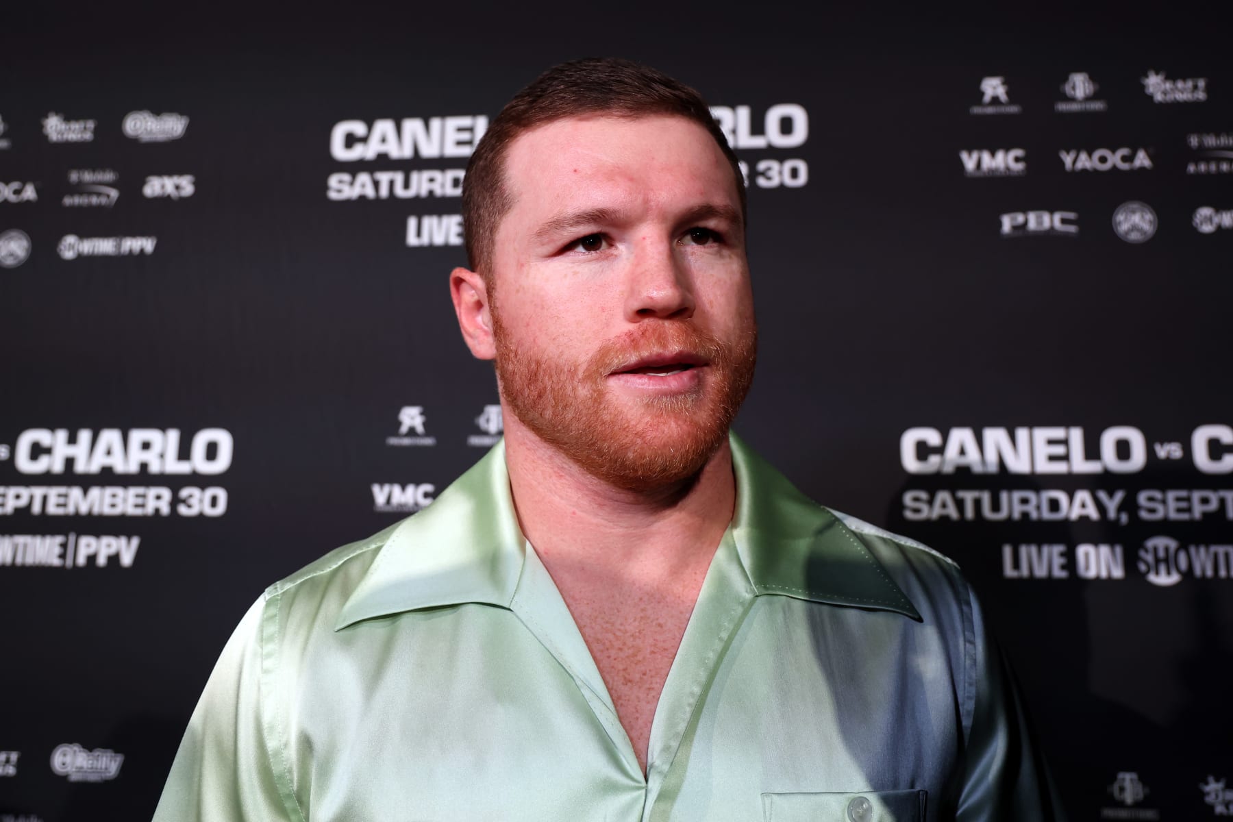 NEW YORK, NEW YORK - AUGUST 15: Canelo Alvarez speaks to media during a press conference to preview their September 30 super middleweight undisputed championship fight against Jermell Charlo (not pictured) at Palladium Times Square on August 15, 2023 in New York City. (Photo by Sarah Stier/Getty Images)