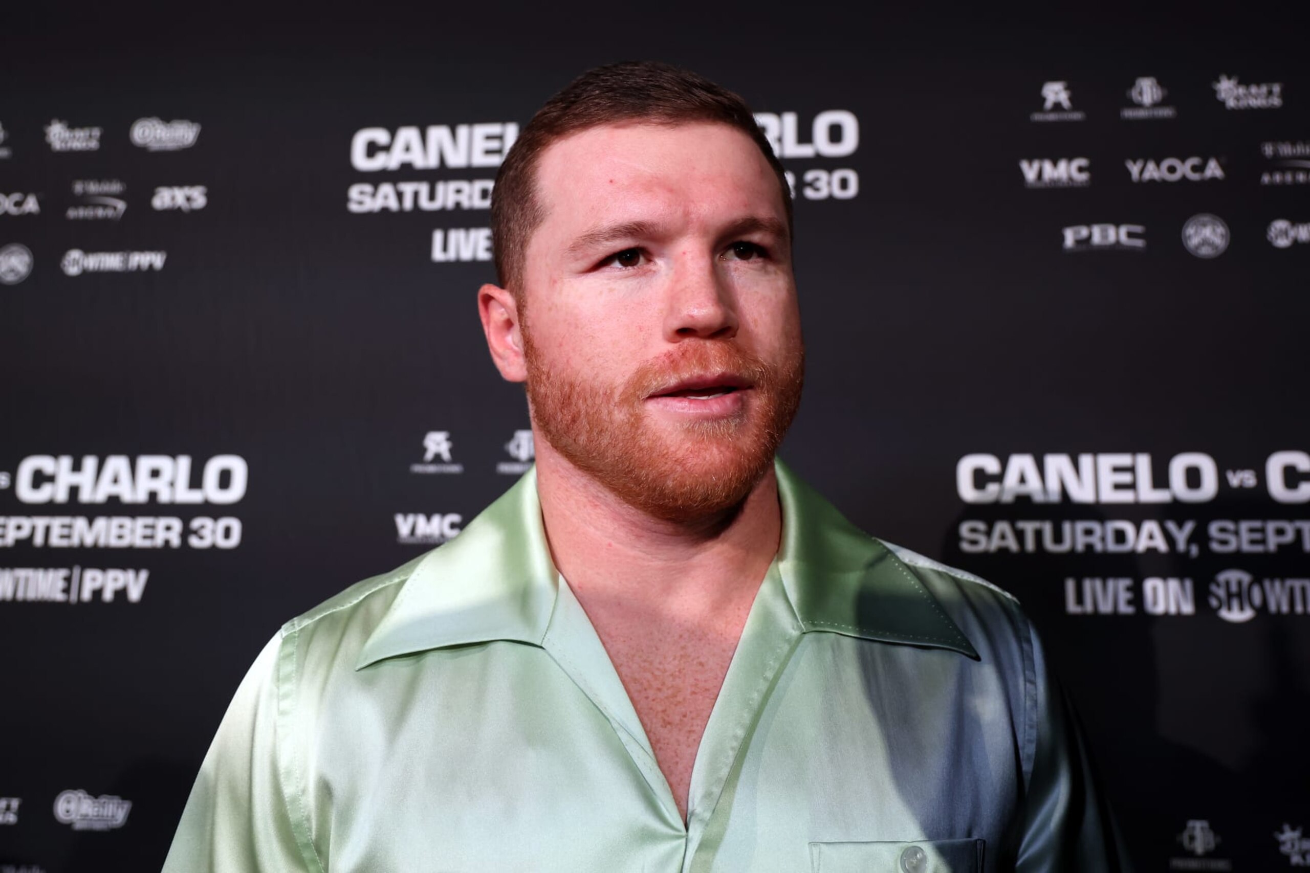 NEW YORK, NEW YORK - AUGUST 15: Canelo Alvarez speaks to media during a press conference to preview their September 30 super middleweight undisputed championship fight against Jermell Charlo (not pictured) at Palladium Times Square on August 15, 2023 in New York City. (Photo by Sarah Stier/Getty Images)