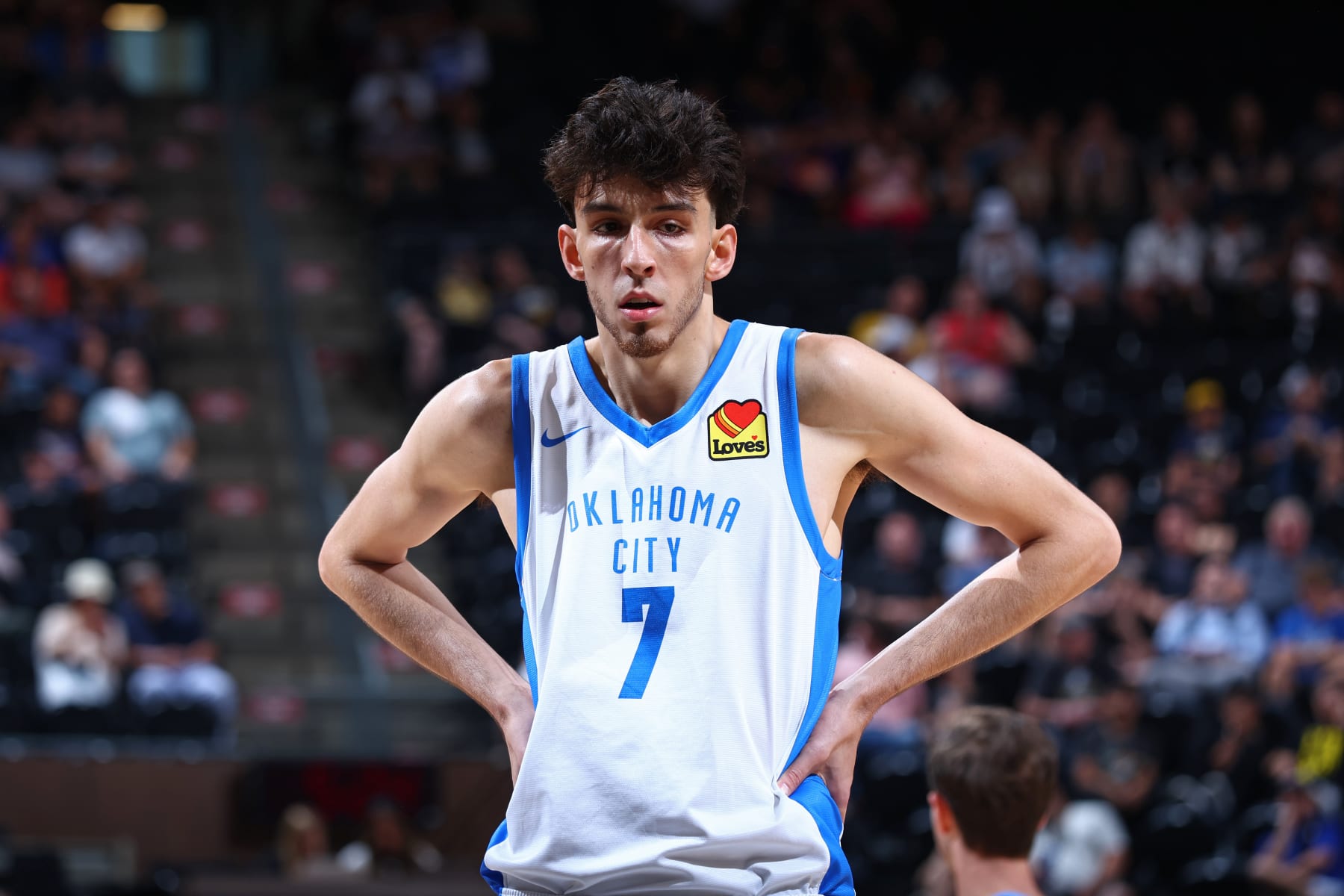 SALT LAKE CITY, UT - JULY 5: Chet Holmgren #7 of the Oklahoma City Thunder looks on during the game against the Memphis Grizzlies during the 2023 NBA Salt Lake City Summer League on July 5, 2023 at the Delta Center in Salt Lake City, Utah. NOTE TO USER: User expressly acknowledges and agrees that, by downloading and or using this Photograph, User is consenting to the terms and conditions of the Getty Images License Agreement. Mandatory Copyright Notice: Copyright 2023 NBAE (Photo by Melissa Majchrzak/NBAE via Getty Images)