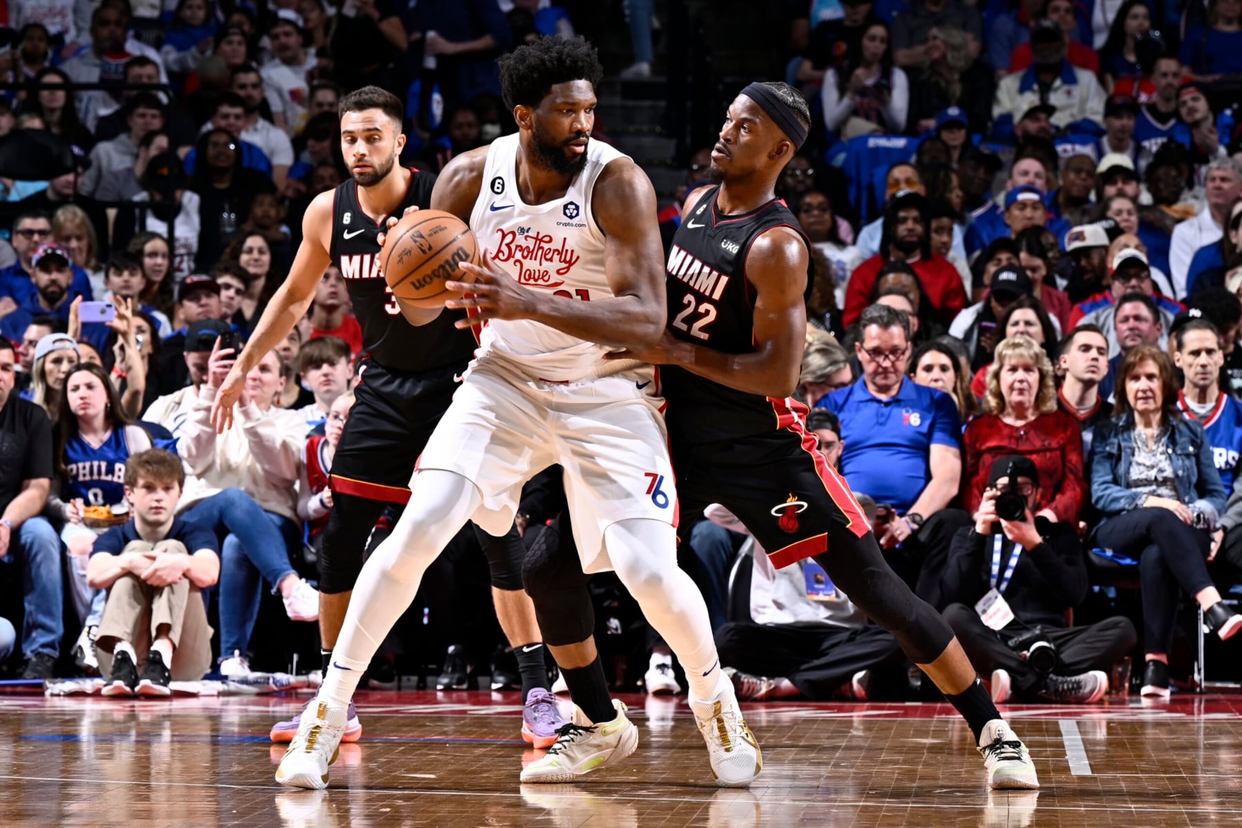 PHILADELPHIA, PA - APRIL 6: Joel Embiid #21 of the Philadelphia 76ers handles the ball during the game against the Miami Heat on April 6, 2023 at the Wells Fargo Center in Philadelphia, Pennsylvania NOTE TO USER: User expressly acknowledges and agrees that, by downloading and/or using this Photograph, user is consenting to the terms and conditions of the Getty Images License Agreement. Mandatory Copyright Notice: Copyright 2023 NBAE (Photo by David Dow/NBAE via Getty Images)