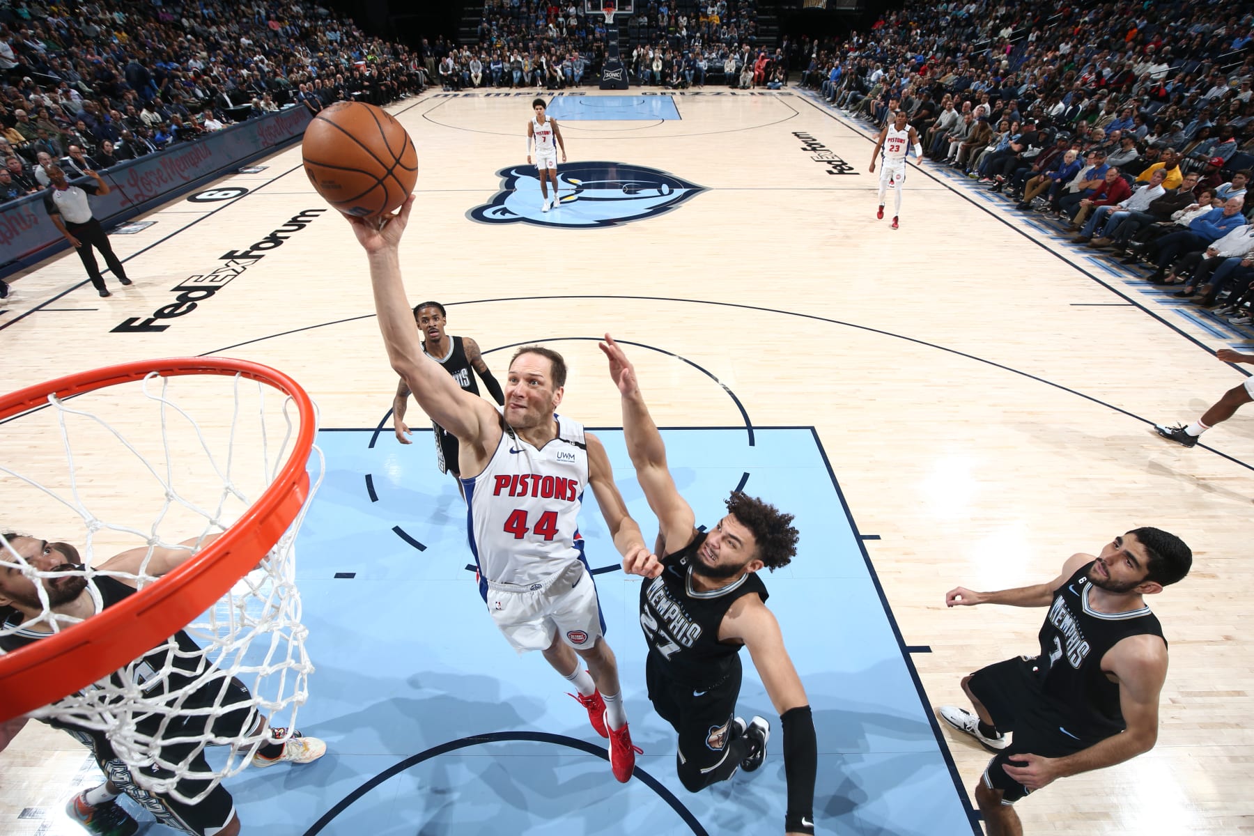 MEMPHIS, TN - DECEMBER 9: Bojan Bogdanovic #44 of the Detroit Pistons drives to the basket during the game against the Memphis Grizzlies on December 9, 2022 at FedExForum in Memphis, Tennessee. NOTE TO USER: User expressly acknowledges and agrees that, by downloading and or using this photograph, User is consenting to the terms and conditions of the Getty Images License Agreement. Mandatory Copyright Notice: Copyright 2022 NBAE (Photo by Joe Murphy/NBAE via Getty Images)