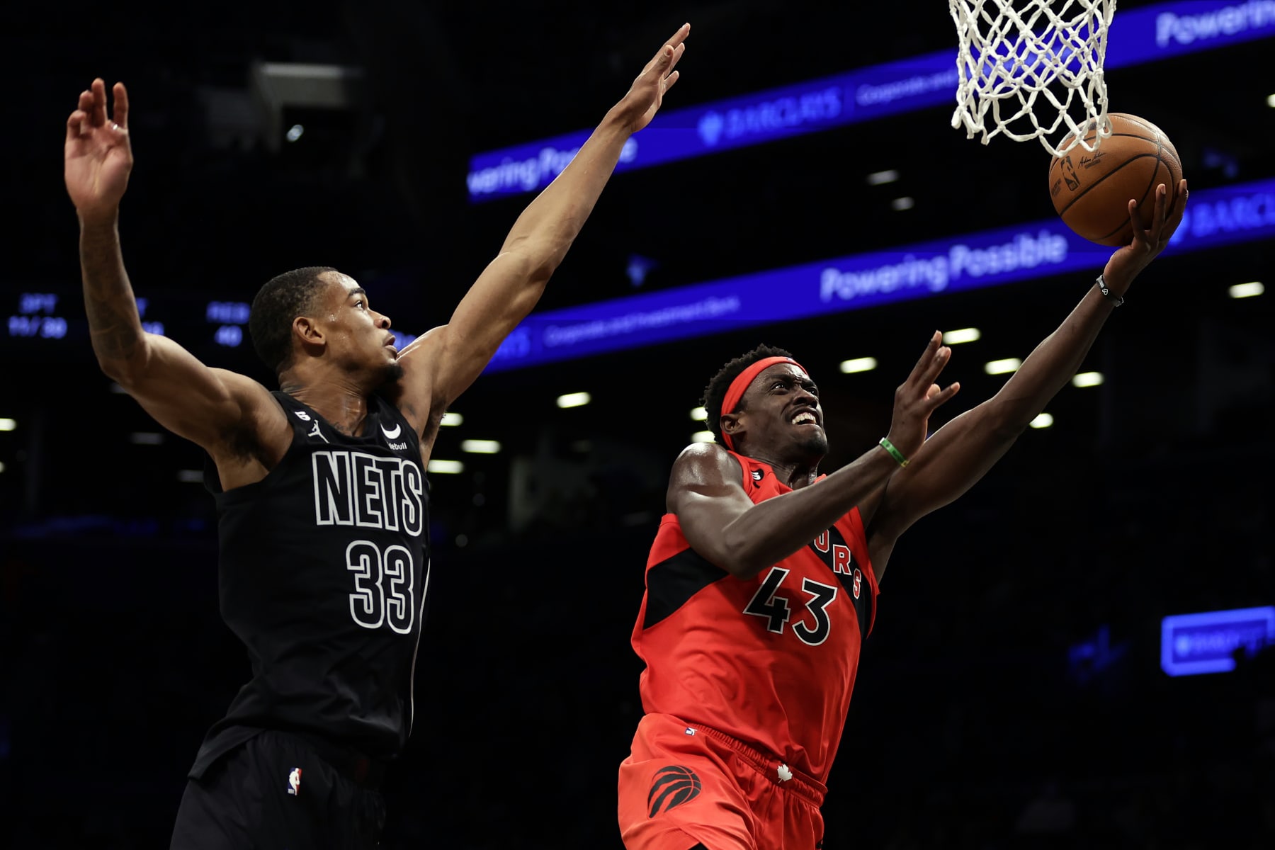 NEW YORK, NEW YORK - DECEMBER 2: Pascal Siakam #43 of the Toronto Raptors drives to the basket against the Brooklyn Nets during the second half at Barclays Center on December 2, 2022 in New York City. The Nets won 114-105. NOTE TO USER: User expressly acknowledges and agrees that, by downloading and or using this Photograph, user is consenting to the terms and conditions of the Getty Images License Agreement.  (Photo by Adam Hunger/Getty Images)