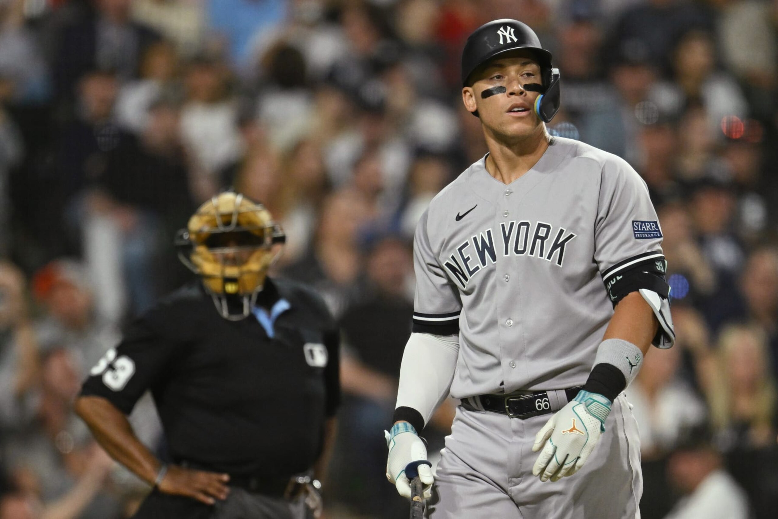 CHICAGO, ILLINOIS - AUGUST 07: Aaron Judge #99 of the New York Yankees walks back to the dugout after a called third strike by home plate umpire Laz Diaz #63 in the fifth inning against Dylan Cease of the Chicago White Sox at Guaranteed Rate Field on August 07, 2023 in Chicago, Illinois. (Photo by Quinn Harris/Getty Images) CHICAGO, ILLINOIS - AUGUST 07: Aaron Judge #99 of the New York Yankees walks back to the dugout after a called third strike by home plate umpire Laz Diaz #63 in the fifth inning against Dylan Cease of the Chicago White Sox at Guaranteed Rate Field on August 07, 2023 in Chicago, Illinois. (Photo by Quinn Harris/Getty Images)