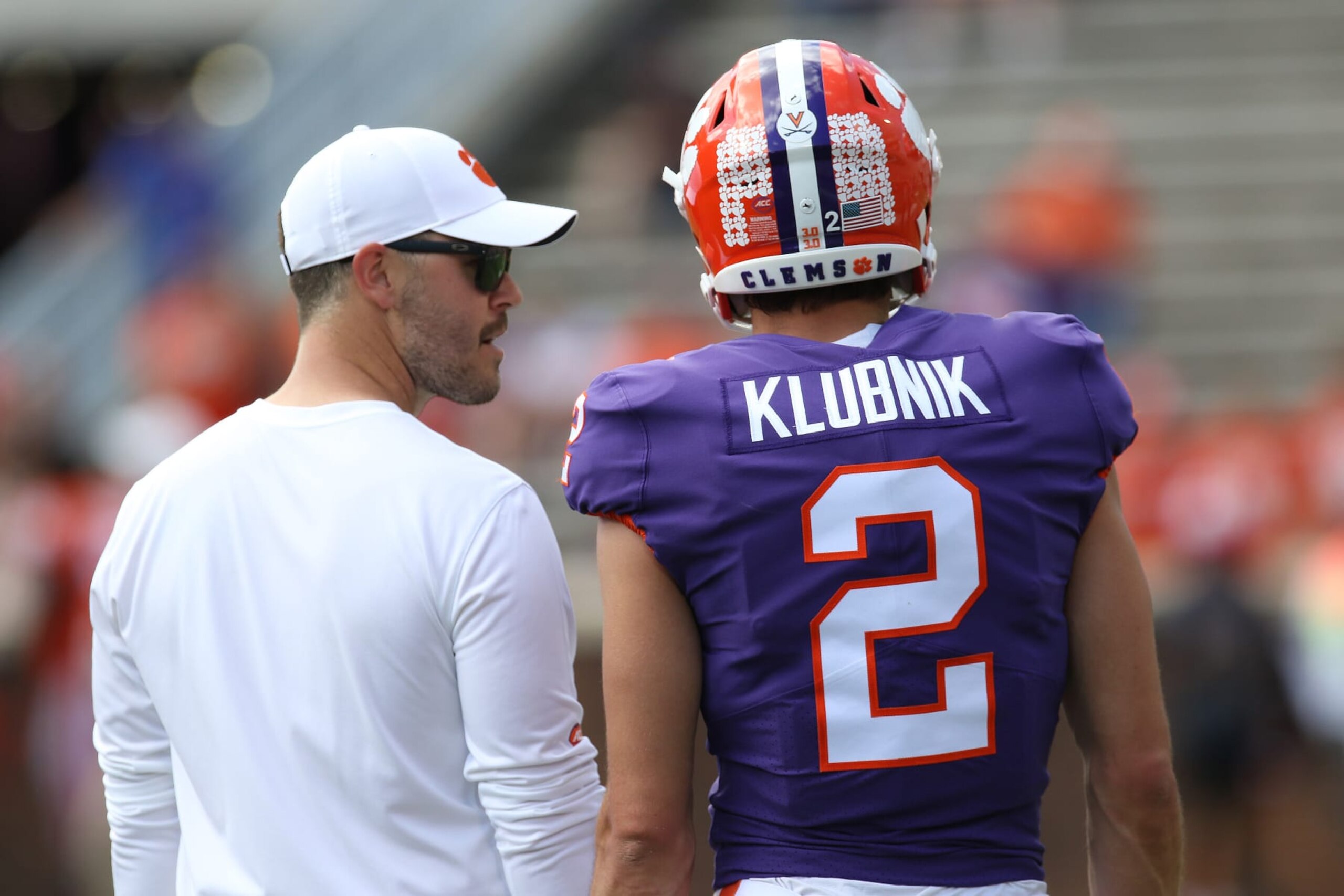 Clemson offensive coordinator Garrett Riley, with quarterback Cade Klubnik