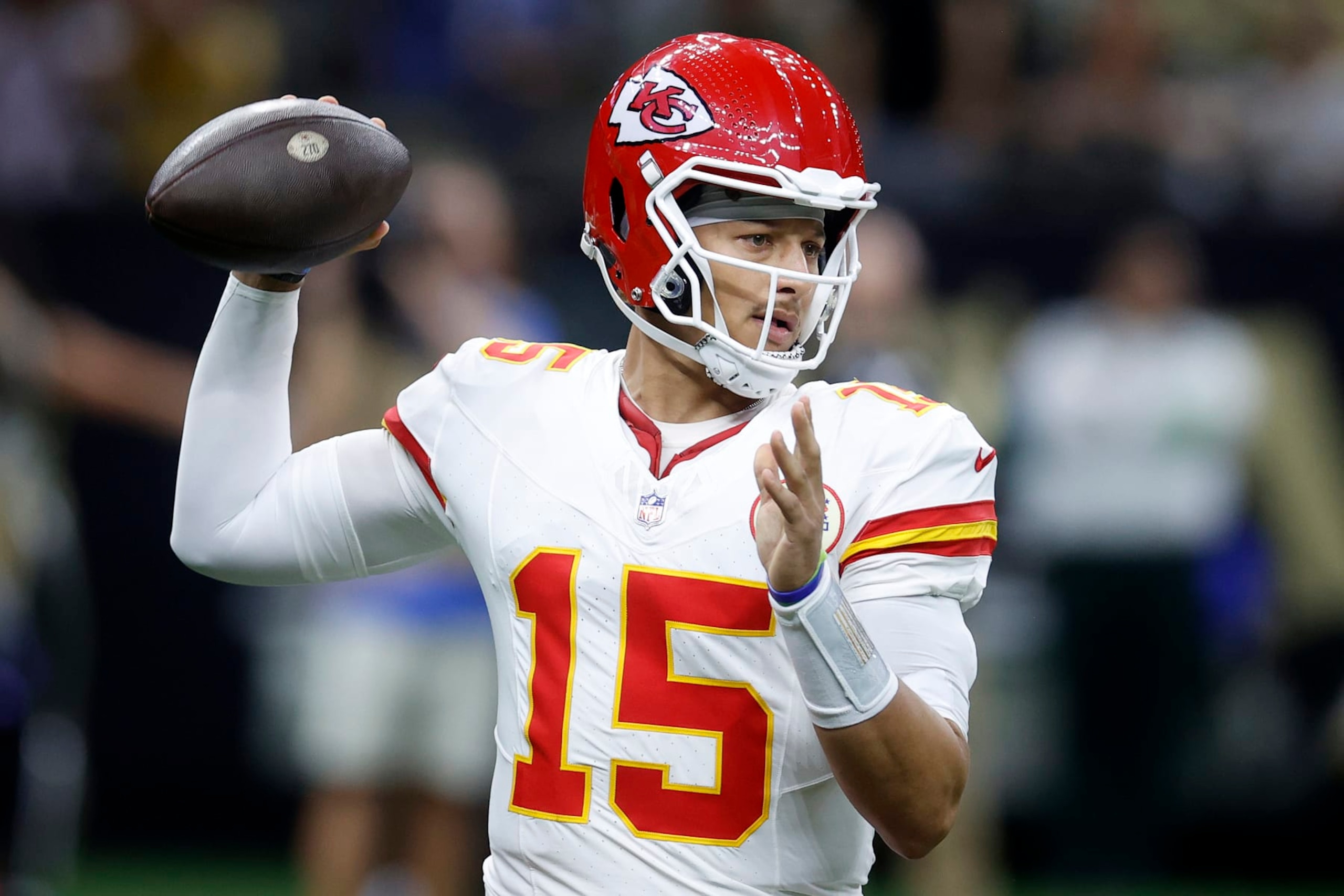 NEW ORLEANS, LOUISIANA - AUGUST 13: Patrick Mahomes #15 of the Kansas City Chiefs throws a pass against the New Orleans Saints during a preseason game at Caesars Superdome on August 13, 2023 in New Orleans, Louisiana. (Photo by Chris Graythen/Getty Images) NEW ORLEANS, LOUISIANA - AUGUST 13: Patrick Mahomes #15 of the Kansas City Chiefs throws a pass against the New Orleans Saints during a preseason game at Caesars Superdome on August 13, 2023 in New Orleans, Louisiana. (Photo by Chris Graythen/Getty Images)