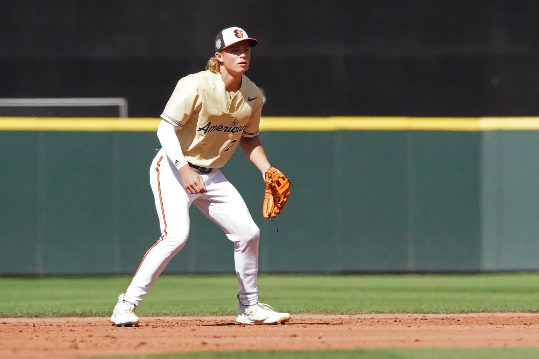 SEATTLE, WA - JULY 08: Jackson Holliday #7 of the Baltimore Orioles looks on during the SiriusXM All-Star Futures Game at T-Mobile Park on Saturday, July 8, 2023 in Seattle, Washington. (Photo by Jorden Dixon/MLB Photos via Getty Images)
