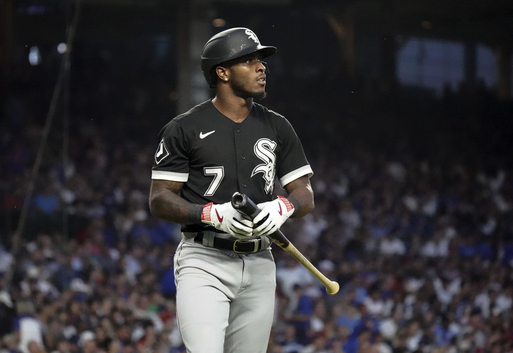 CHICAGO, ILLINOIS - AUGUST 16: Tim Anderson #7 of the Chicago White Sox reacts after striking out during the fourth inning of a game against the Chicago Cubs at Wrigley Field on August 16, 2023 in Chicago, Illinois. (Photo by Nuccio DiNuzzo/Getty Images)