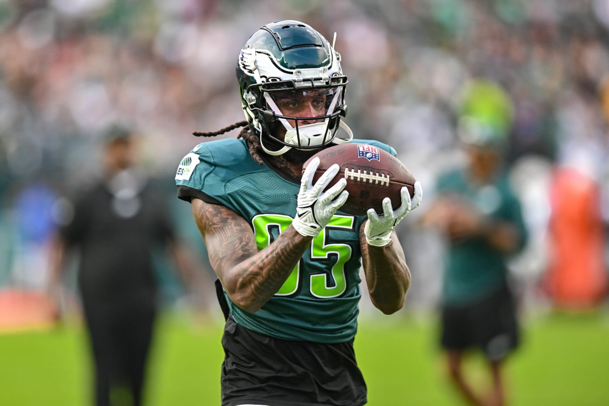 PHILADELPHIA, PA - AUGUST 06: Philadelphia Eagles wide receiver Tyrie Cleveland (85) participates during Philadelphia Eagles training camp on August 6, 2023 at Lincoln Financial Field in Philadelphia, PA (Photo by John Jones/Icon Sportswire via Getty Images)