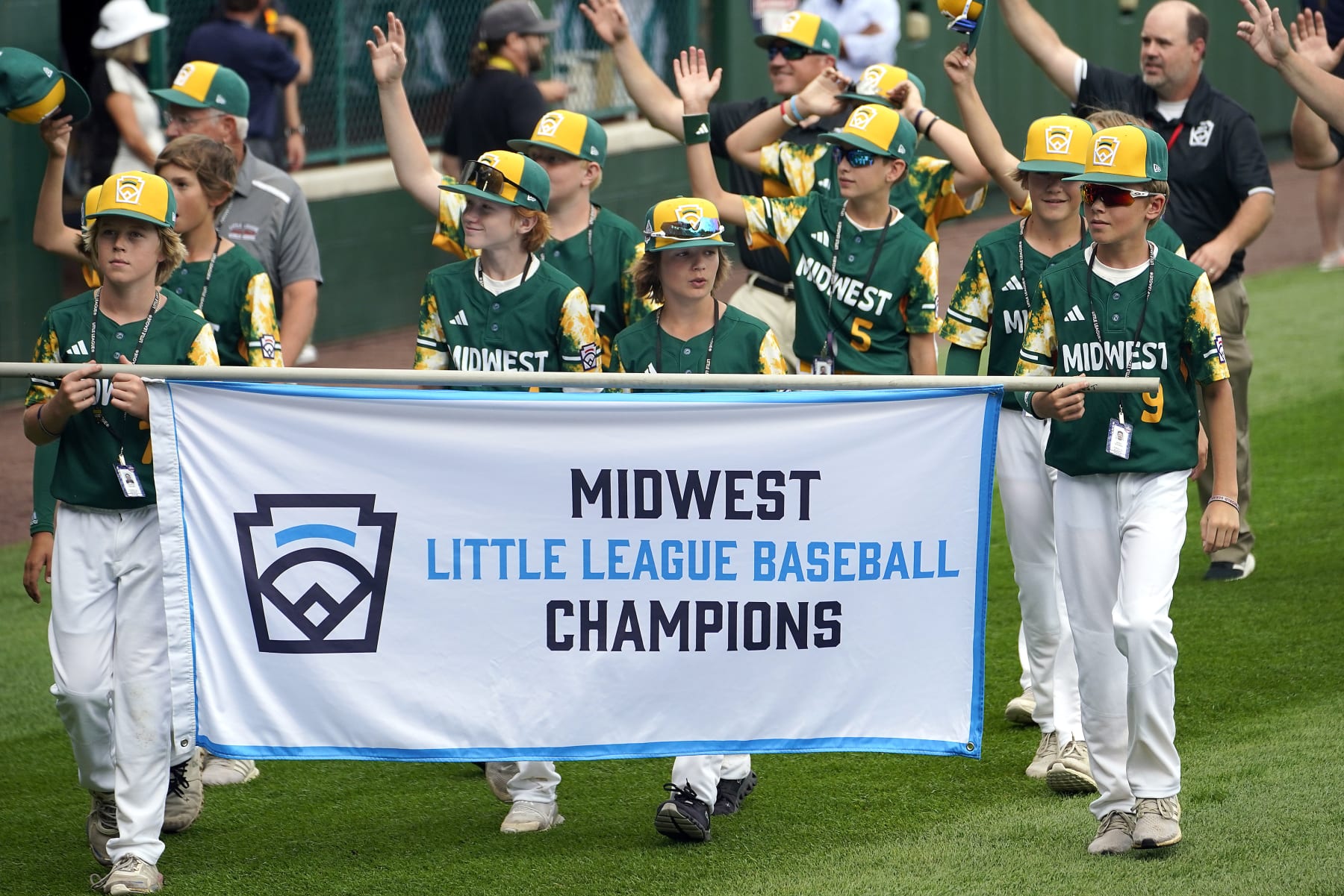 The Midwest Region champion Little League team from Fargo, N.D., participates in the opening ceremony of the 2023 Little League World Series tournament in South Williamsport, Pa., Wednesday, Aug. 16, 2023. (AP Photo/Tom E. Puskar)