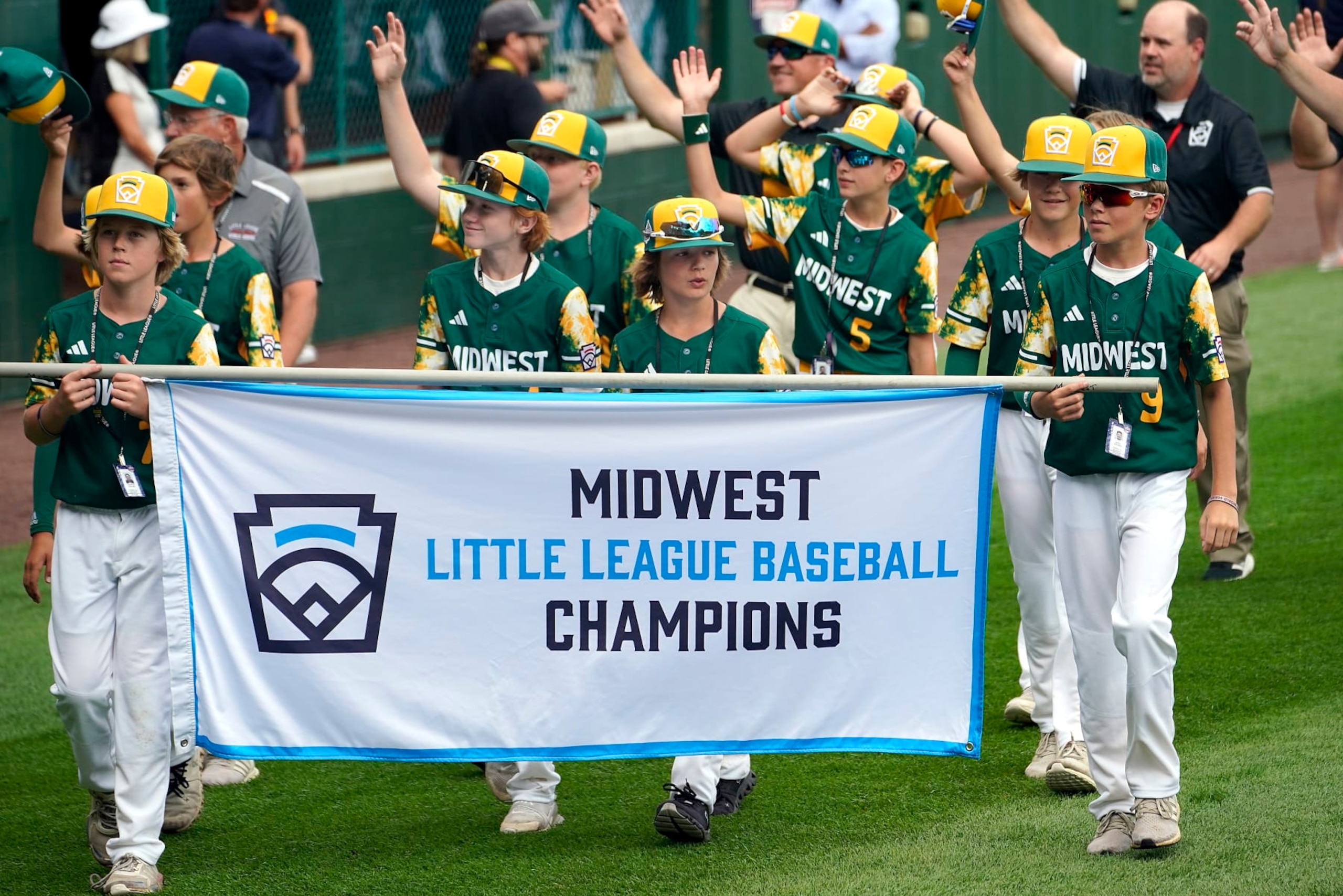 The Midwest Region champion Little League team from Fargo, N.D., participates in the opening ceremony of the 2023 Little League World Series tournament in South Williamsport, Pa., Wednesday, Aug. 16, 2023. (AP Photo/Tom E. Puskar)
