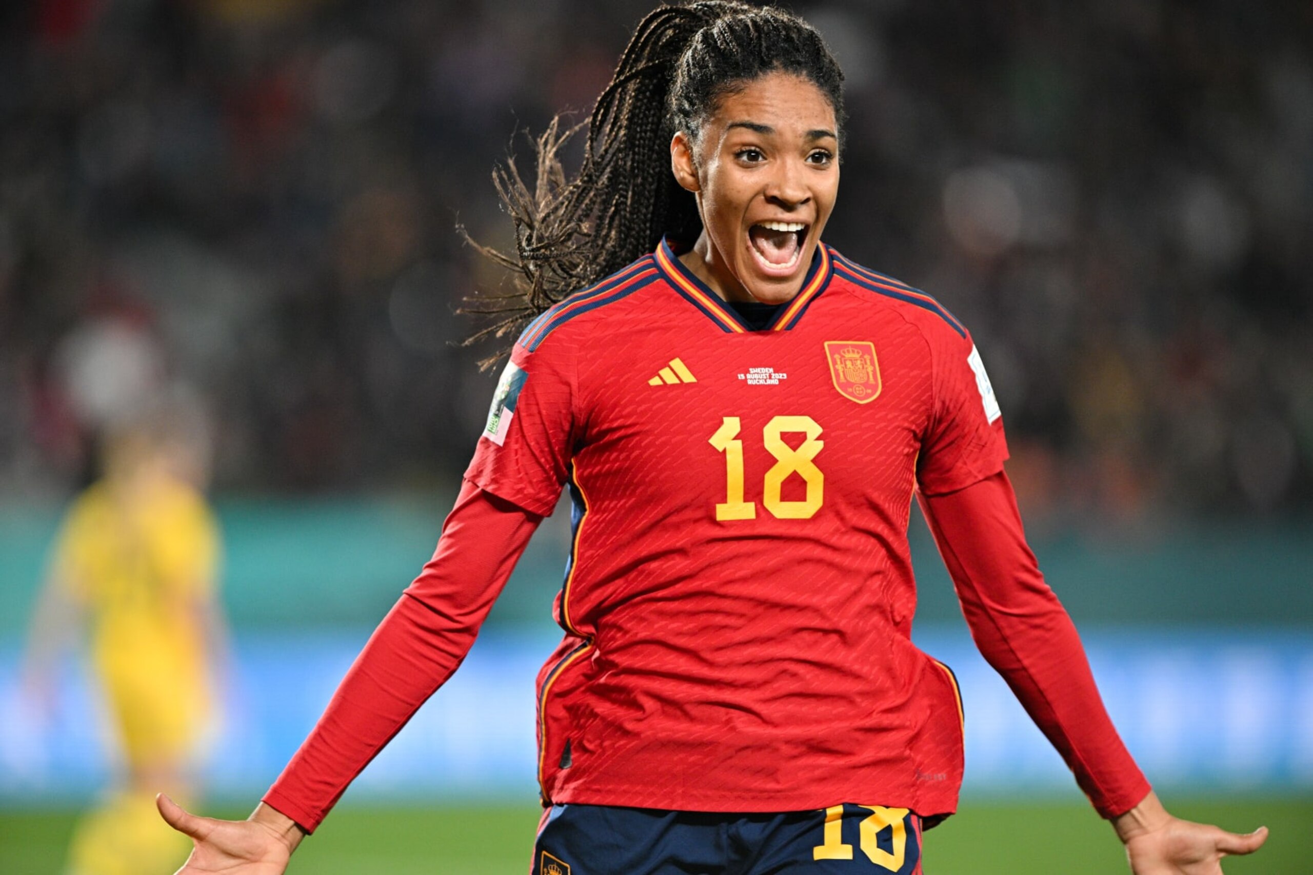 Salma Paralluelo of Spain celebrates scoring during the semi-final match between Spain and Sweden at the FIFA Women's World Cup Australia & New Zealand 2023 in Auckland, New Zealand, Aug. 15, 2023. (Photo by Guo Lei/Xinhua via Getty Images)