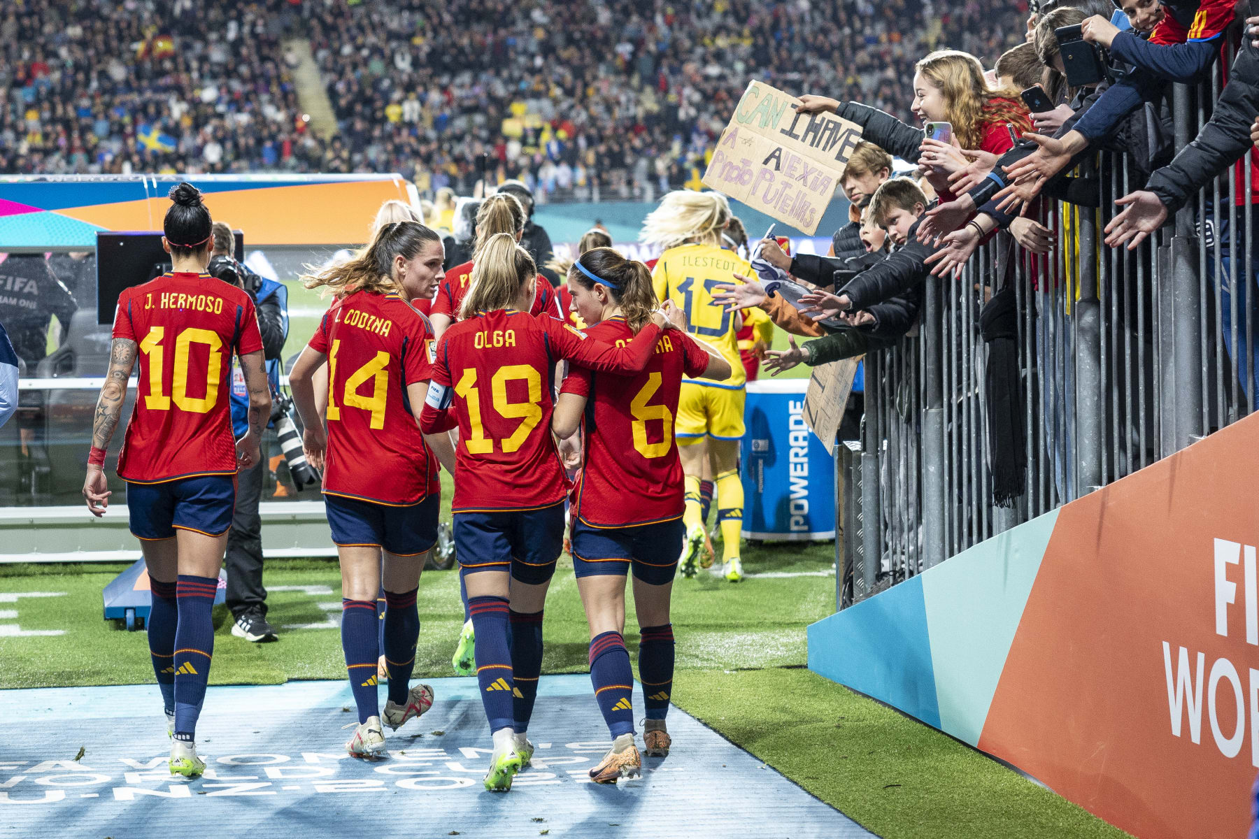 AUCKLAND, NEW ZEALAND - AUGUST 15: Jennifer Hermoso, Laia Codina, Olga Carmona and Aitana Bonmati of Spain walk out of the tunnel before the send half during the FIFA Women's World Cup Australia & New Zealand 2023 Semi Final match between Spain and Sweden at Eden Park on August 15, 2023 in Auckland / TÄmaki Makaurau, New Zealand. (Photo by Maja Hitij - FIFA/FIFA via Getty Images)