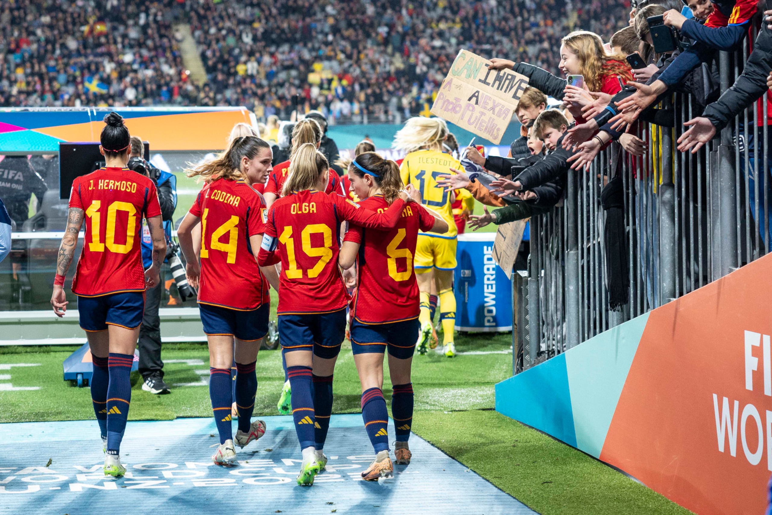 AUCKLAND, NEW ZEALAND - AUGUST 15: Jennifer Hermoso, Laia Codina, Olga Carmona and Aitana Bonmati of Spain walk out of the tunnel before the send half during the FIFA Women's World Cup Australia & New Zealand 2023 Semi Final match between Spain and Sweden at Eden Park on August 15, 2023 in Auckland / TÄmaki Makaurau, New Zealand. (Photo by Maja Hitij - FIFA/FIFA via Getty Images)