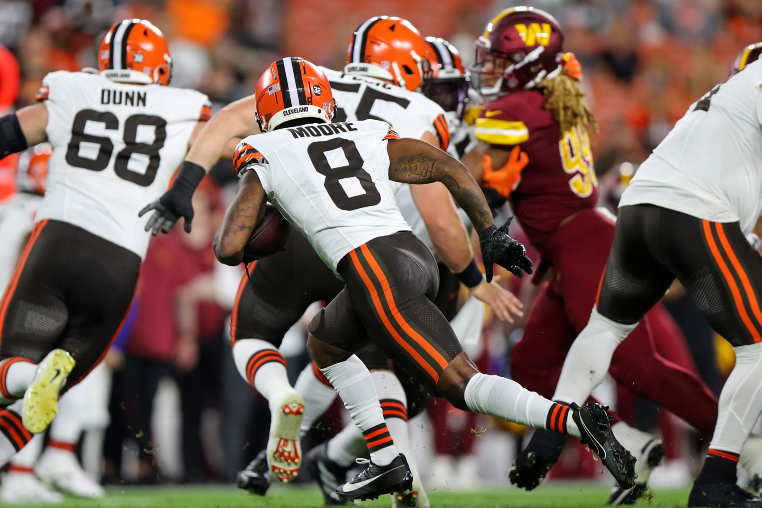 CLEVELAND, OH - AUGUST 11: Cleveland Browns wide receiver Elijah Moore (8) carries the football during the first quarter of the National Football League preseason game between the Washington Commanders and Cleveland Browns on August 11, 2023, at Cleveland Browns Stadium in Cleveland, OH. (Photo by Frank Jansky/Icon Sportswire via Getty Images)