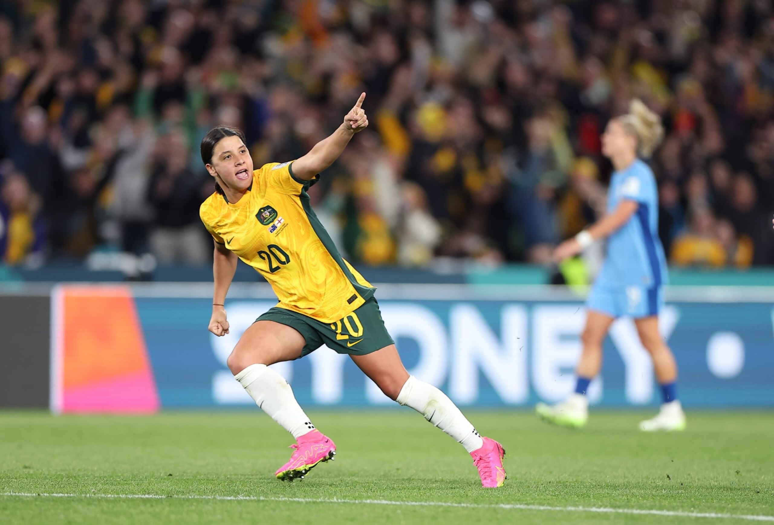 Australia's Sam Kerr celebrates scoring during the semifinal between Australia and England at the 2023 FIFA Women's World Cup in Sydney, Australia, Aug. 16, 2023. (Photo by Ding Xu/Xinhua via Getty Images)