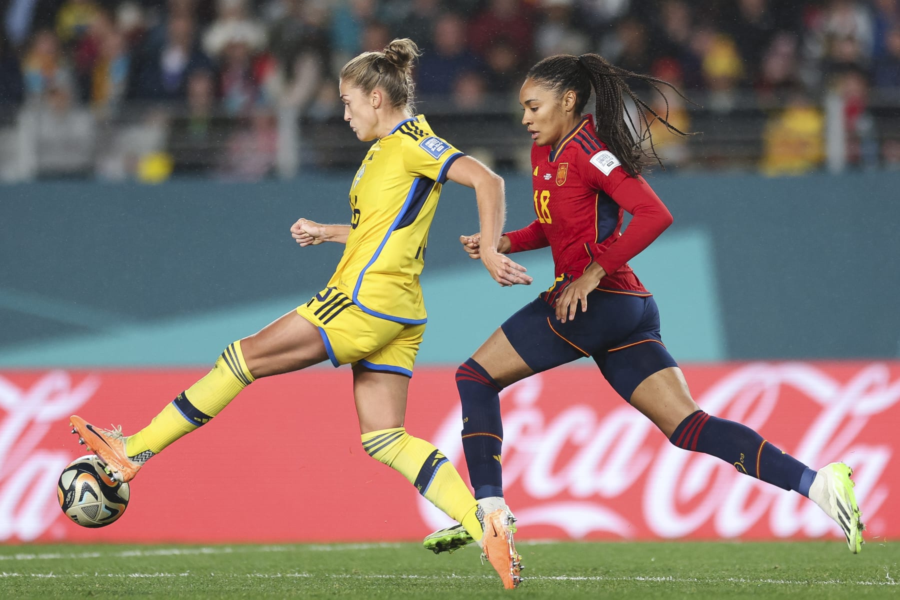 AUCKLAND, NEW ZEALAND - AUGUST 15: Salma Paralluelo of Spain battles for possession with Filippa Angeldal of Sweden   during the FIFA Women's World Cup Australia & New Zealand 2023 Semi Final match between Spain and Sweden at Eden Park on August 15, 2023 in Auckland, New Zealand. (Photo by Maja Hitij - FIFA/FIFA via Getty Images)