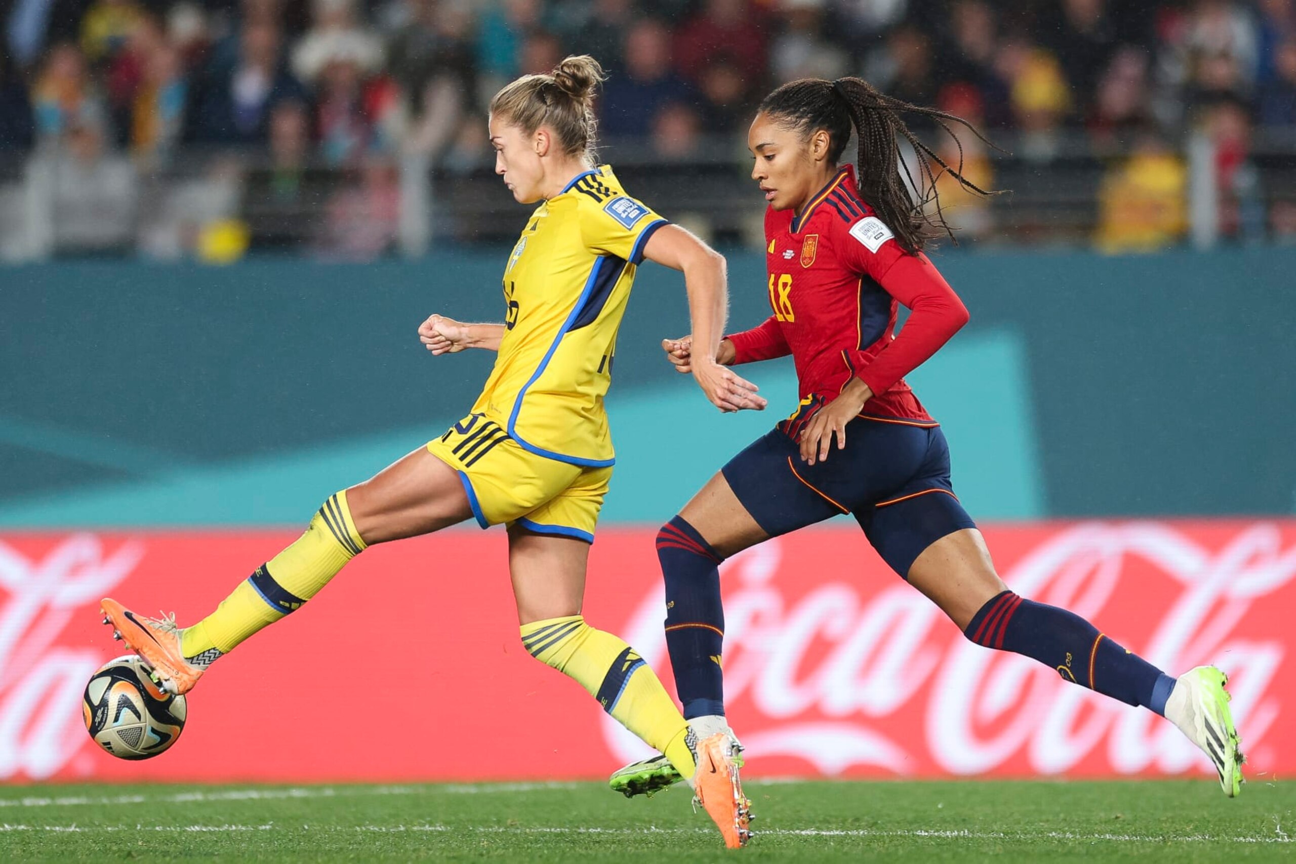 AUCKLAND, NEW ZEALAND - AUGUST 15: Salma Paralluelo of Spain battles for possession with Filippa Angeldal of Sweden   during the FIFA Women's World Cup Australia & New Zealand 2023 Semi Final match between Spain and Sweden at Eden Park on August 15, 2023 in Auckland, New Zealand. (Photo by Maja Hitij - FIFA/FIFA via Getty Images)
