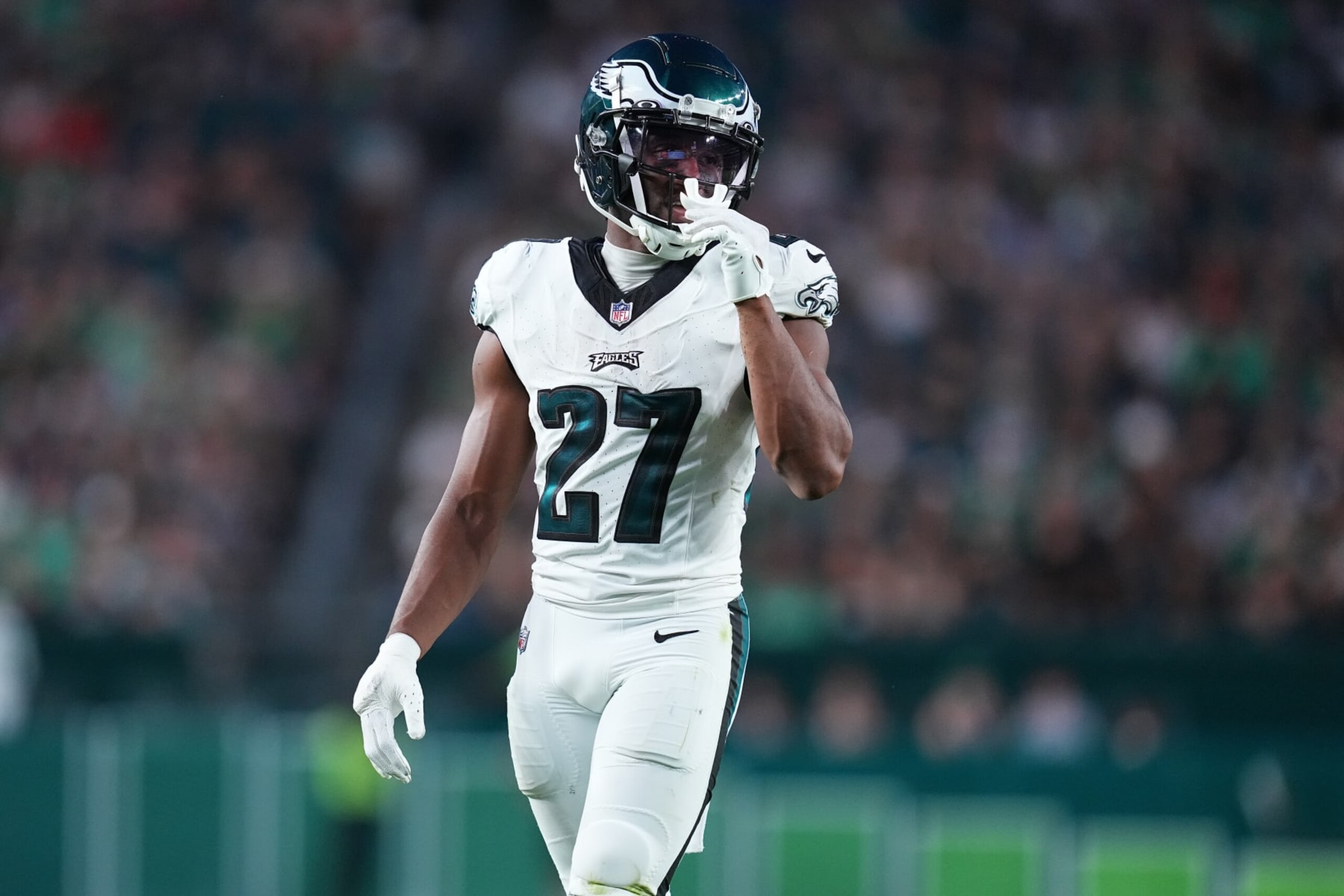 PHILADELPHIA, PENNSYLVANIA - AUGUST 17: Zech McPhearson #27 of the Philadelphia Eagles looks on against the Cleveland Browns during the preseason game at Lincoln Financial Field on August 17, 2023 in Philadelphia, Pennsylvania. The Browns tied the Eagles 18-18. (Photo by Mitchell Leff/Getty Images)