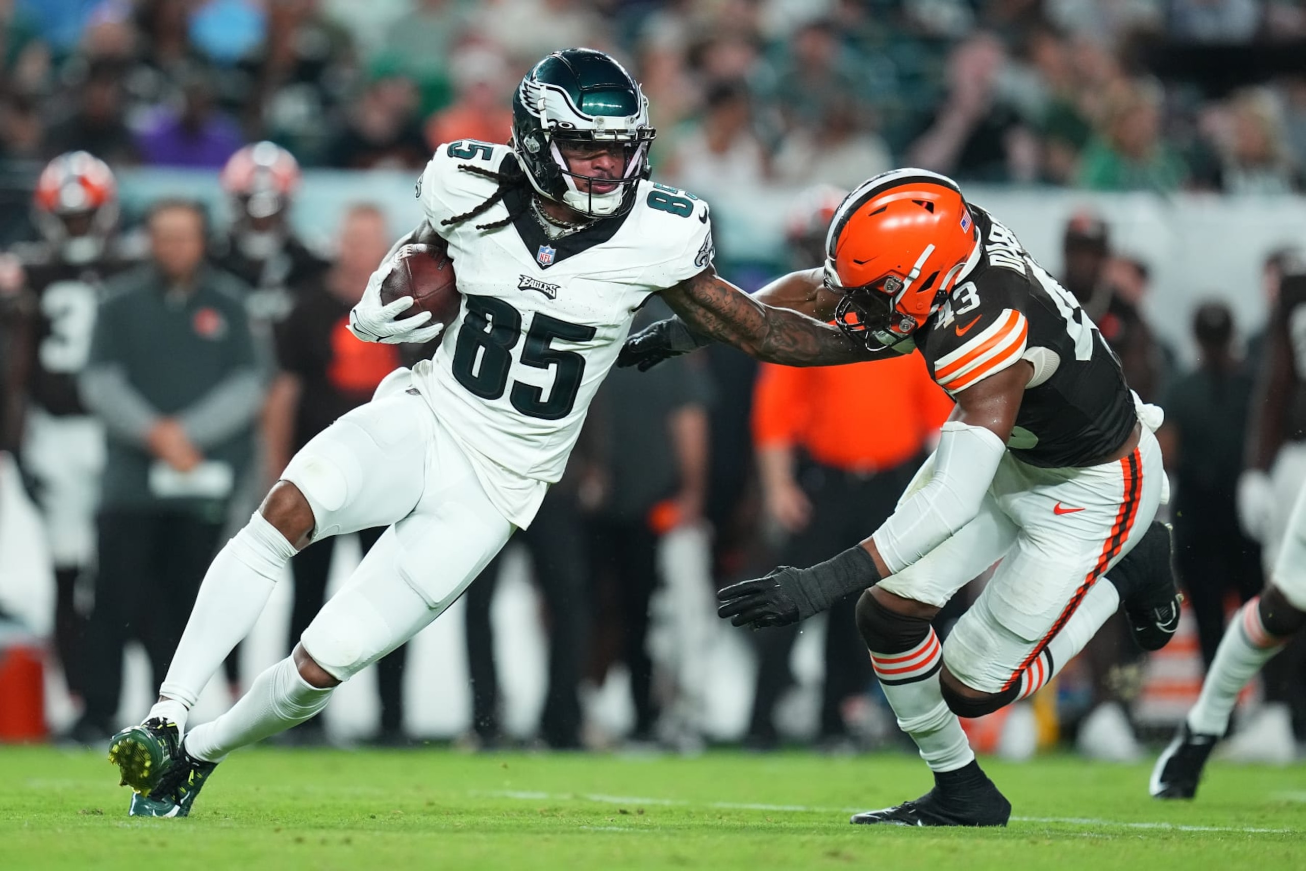 PHILADELPHIA, PENNSYLVANIA - AUGUST 17: Tyrie Cleveland #85 of the Philadelphia Eagles runs with the ball against Mohamoud Diabate #43 of the Cleveland Browns in the first half of the preseason game at Lincoln Financial Field on August 17, 2023 in Philadelphia, Pennsylvania. The Browns tied the Eagles 18-18. (Photo by Mitchell Leff/Getty Images)