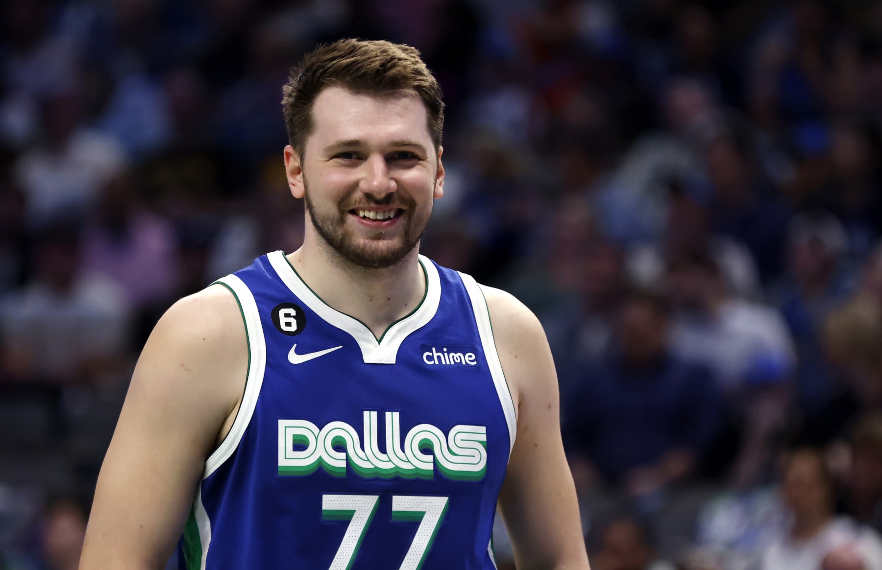 DALLAS, TX - APRIL 5: Luka Doncic #77 of the Dallas Mavericks reacts as the Mavericks play the Sacramento Kings in the second half at American Airlines Center on April 5, 2023 in Dallas, Texas. The Mavericks won 123-119. NOTE TO USER: User expressly acknowledges and agrees that, by downloading and or using this photograph, User is consenting to the terms and conditions of the Getty Images License Agreement. (Photo by Ron Jenkins/Getty Images)