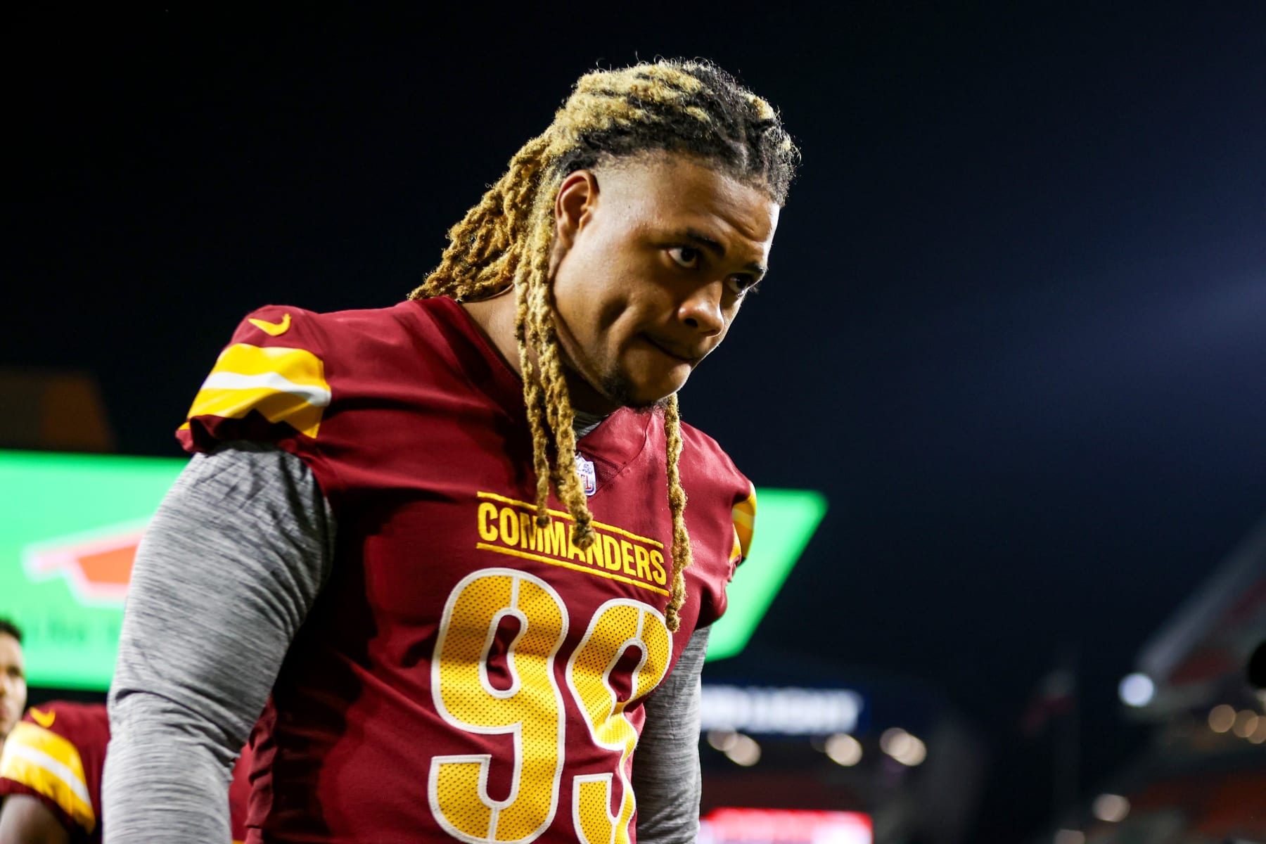 CLEVELAND, OH - AUGUST 11: Washington Commanders defensive end Chase Young (99) leaves the field following the National Football League preseason game between the Washington Commanders and Cleveland Browns on August 11, 2023, at Cleveland Browns Stadium in Cleveland, OH. (Photo by Frank Jansky/Icon Sportswire via Getty Images)