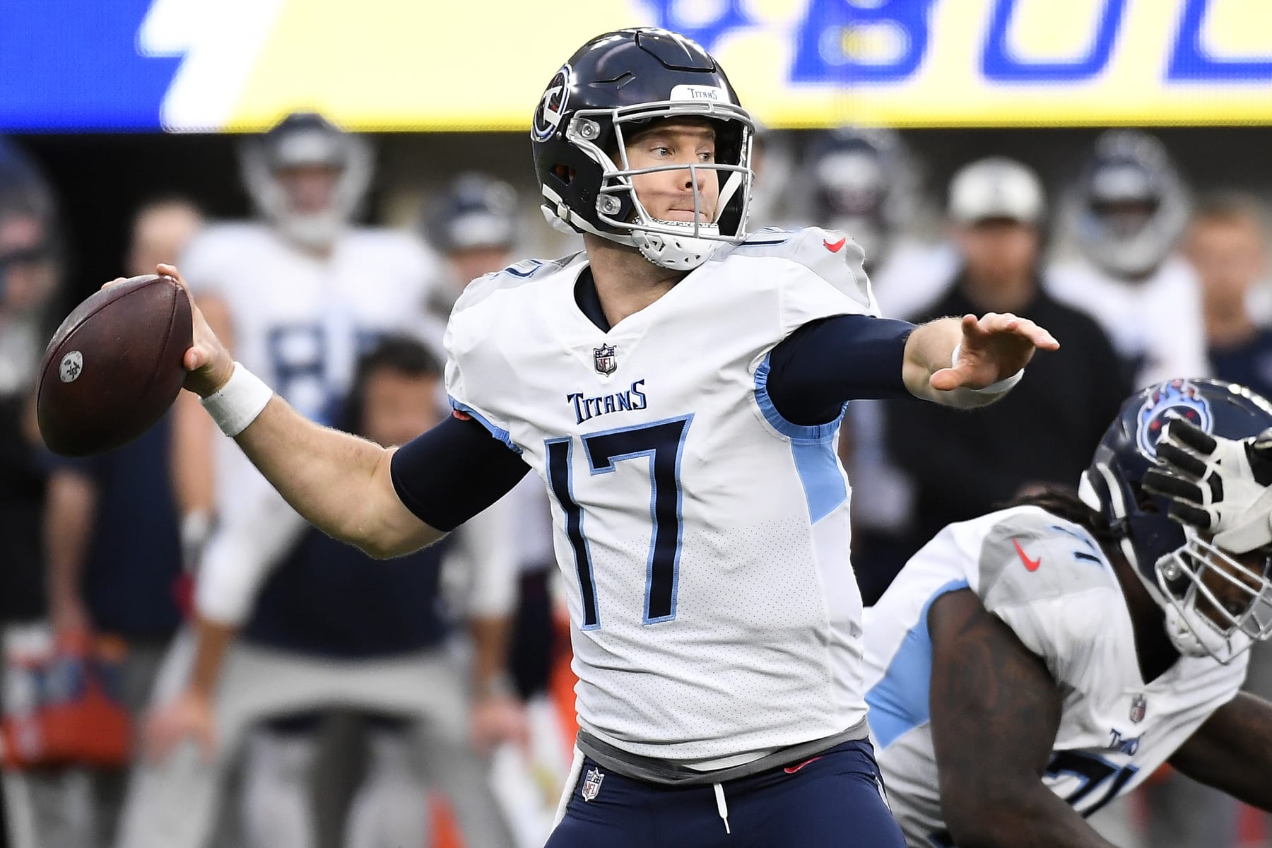INGLEWOOD, CALIFORNIA - DECEMBER 18: Ryan Tannehill #17 of the Tennessee Titans throws the ball during the third quarter of the game against the Los Angeles Chargers at SoFi Stadium on December 18, 2022 in Inglewood, California. (Photo by Kevork Djansezian/Getty Images)